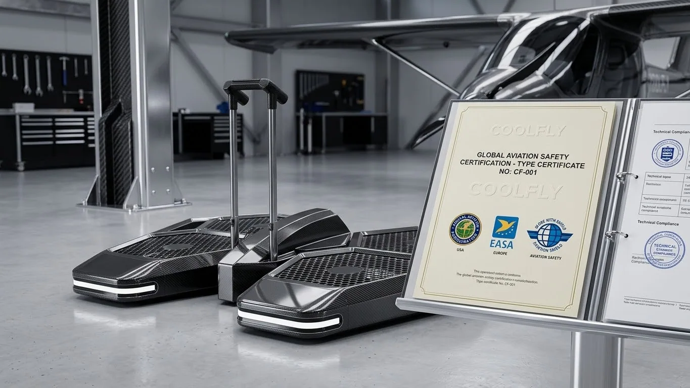 A professional scene showing a CoolFly aircraft next to an official safety certification document.