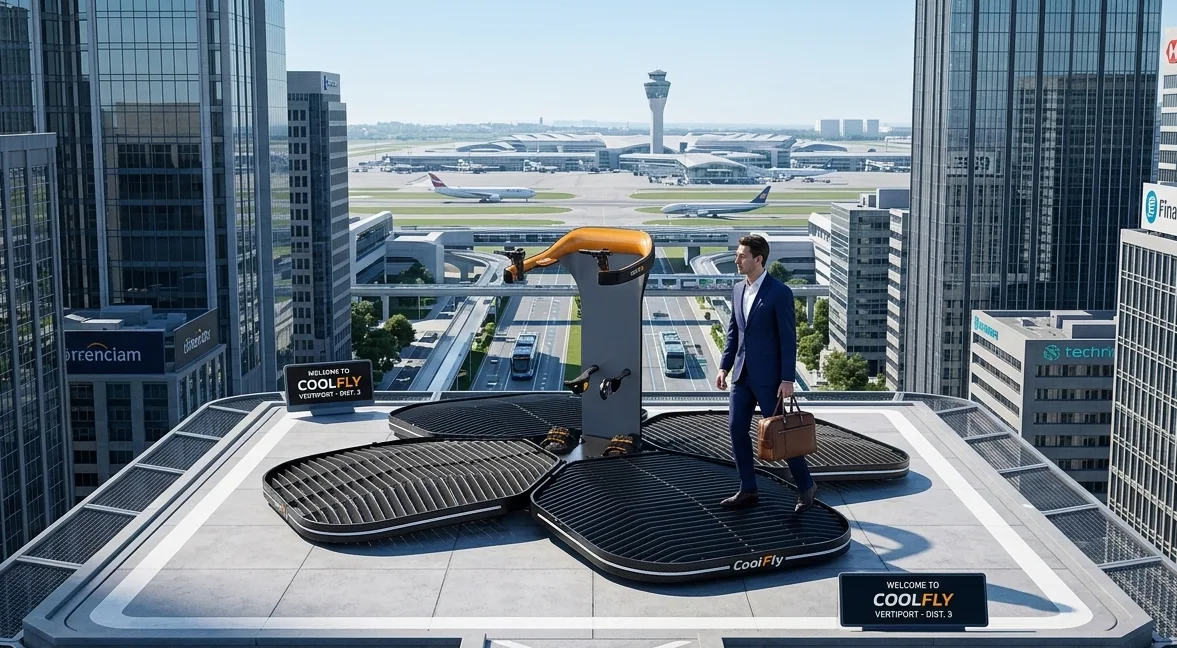 a Coolfly eVTOL landing on a sleek rooftop vertiport in the financial district.