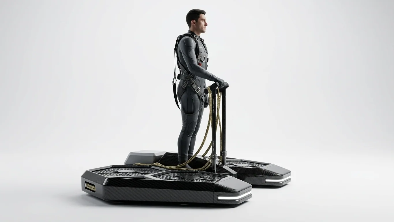 Side profile of a pilot standing on a CoolFly Urban-2, supported by a heavy-duty safety harness system.