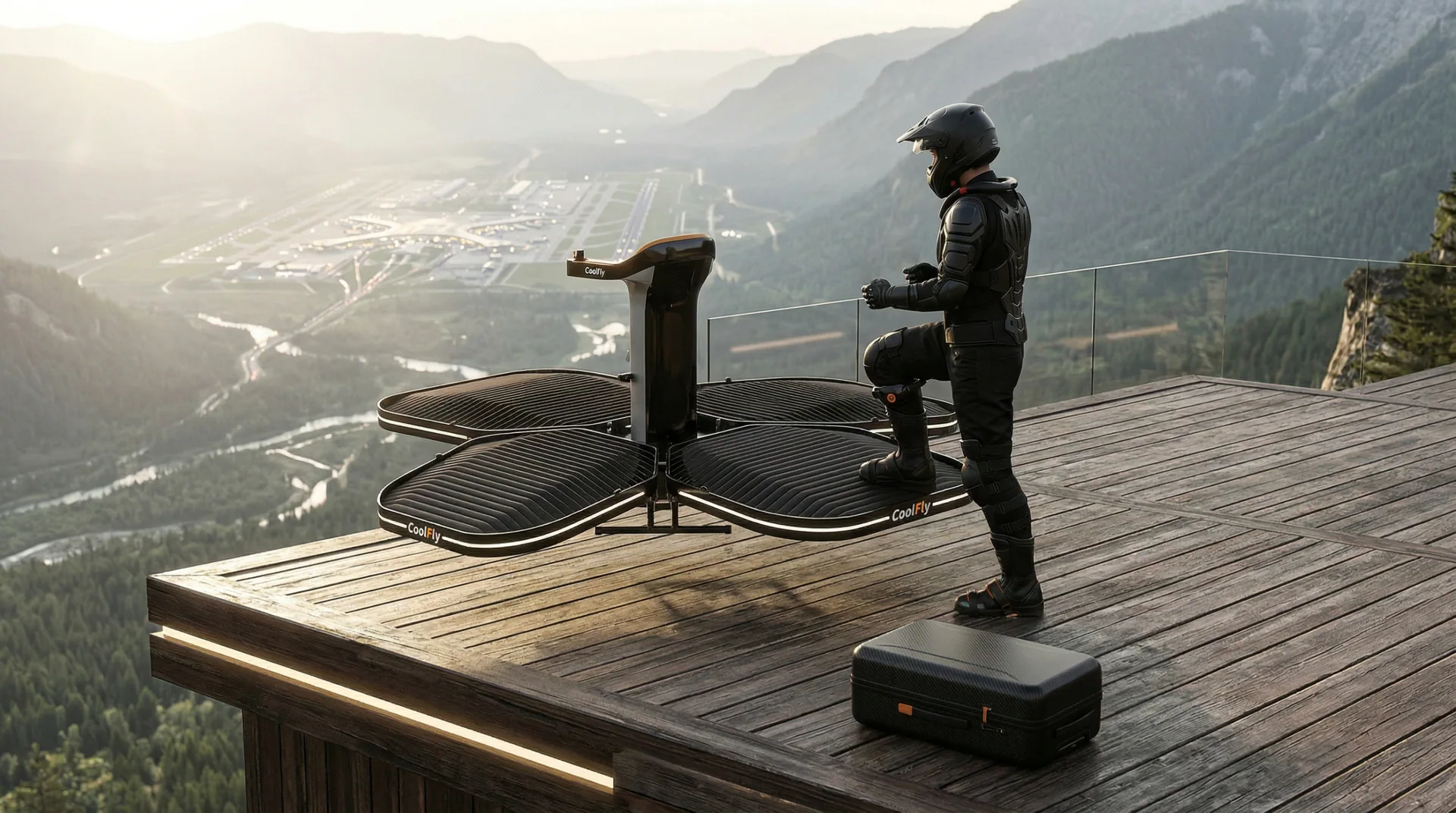 A Coolfly eVTOL is landing on a wooden deck of a luxury eco-lodge perched on a cliff edge.