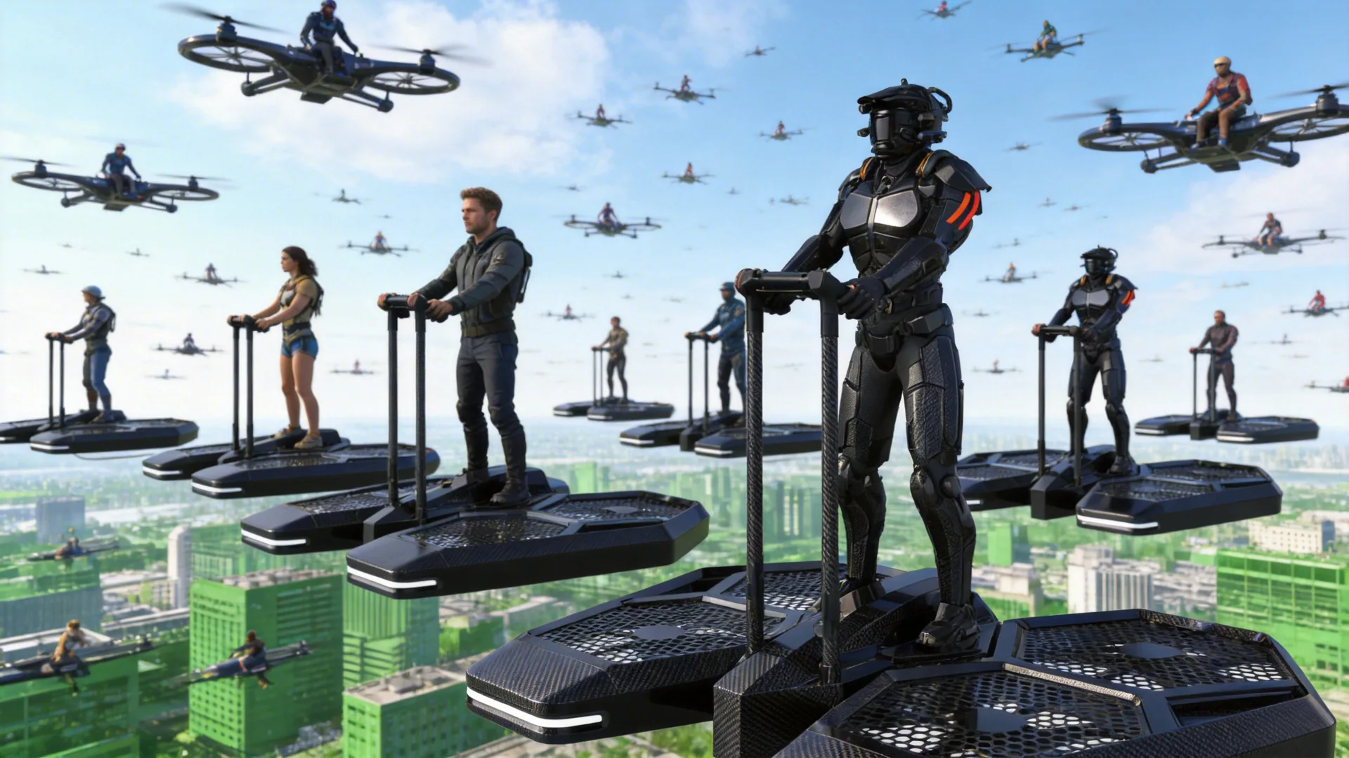 A diverse group of people commuting on standing vtol aircraft, flying over a green urban landscape