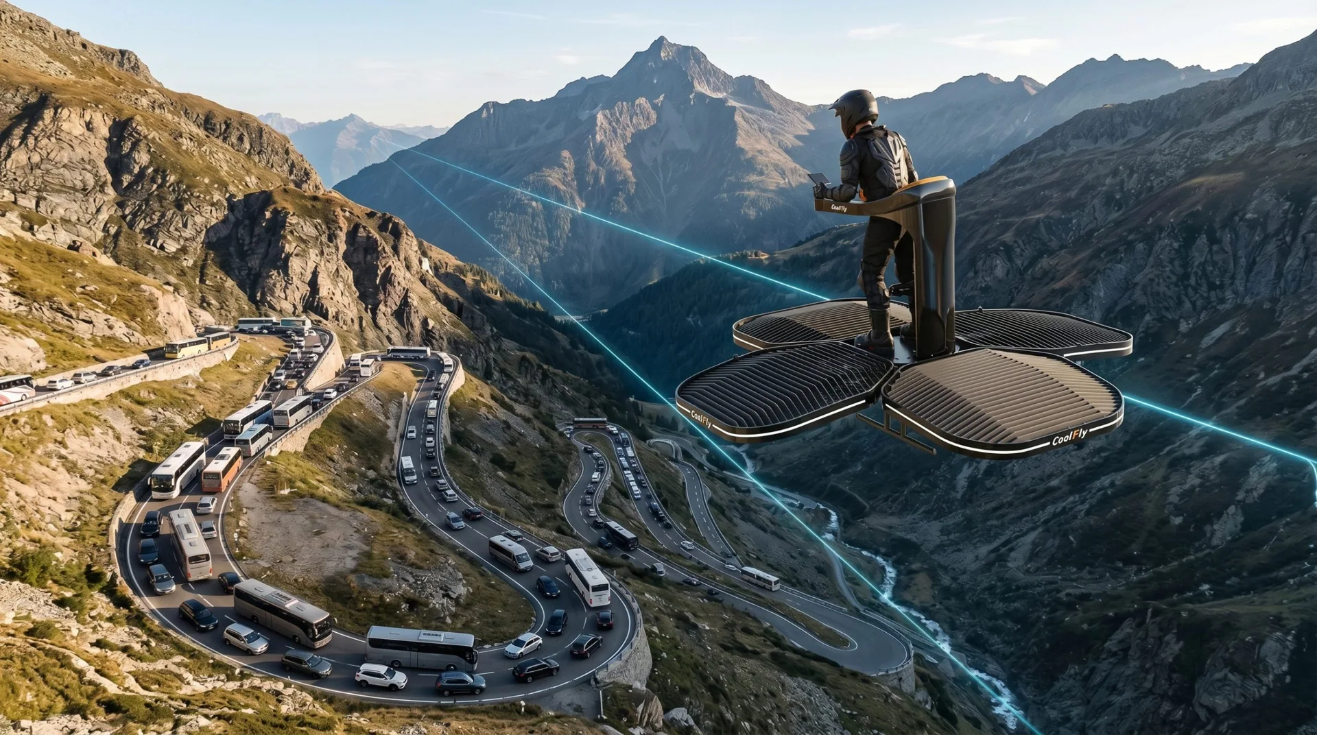 a winding mountain road is choked with slow-moving tourist buses and cars. Above, a Coolfly eVTOL is flying in a perfectly straight, direct vector toward a distant peak.