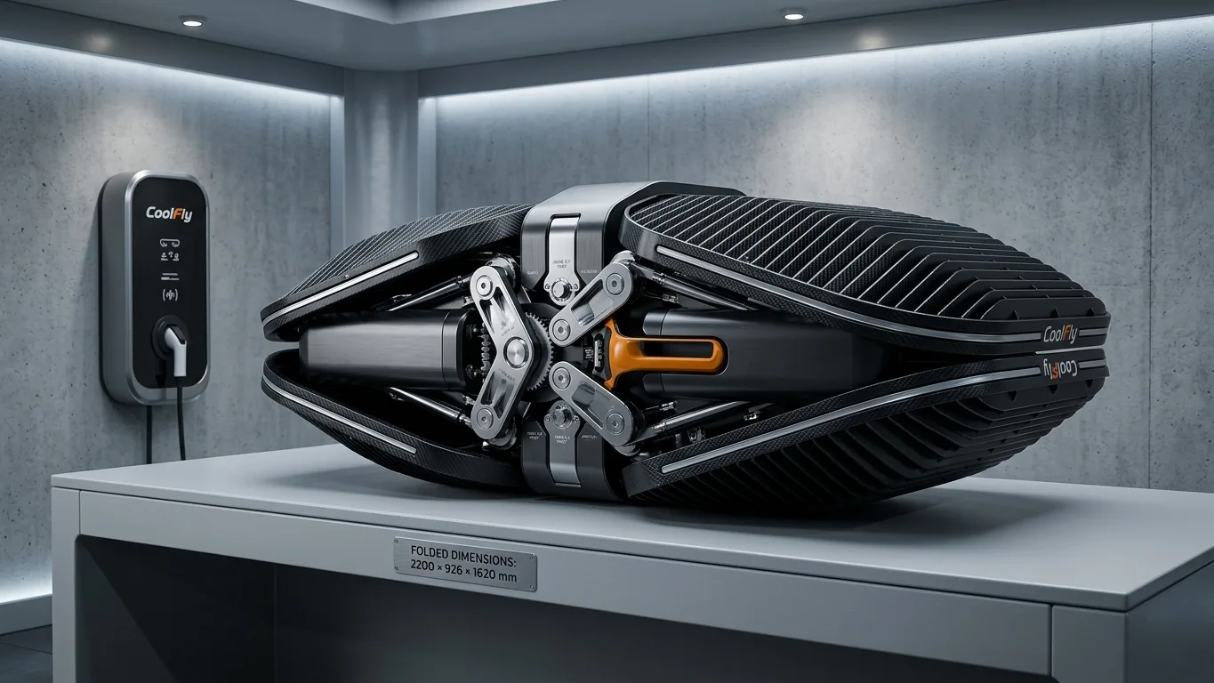 A technical studio shot of the Coolfly eVTOL in its folded state, dimensions 2200 × 926 × 1620 mm clearly visible in its compact form.