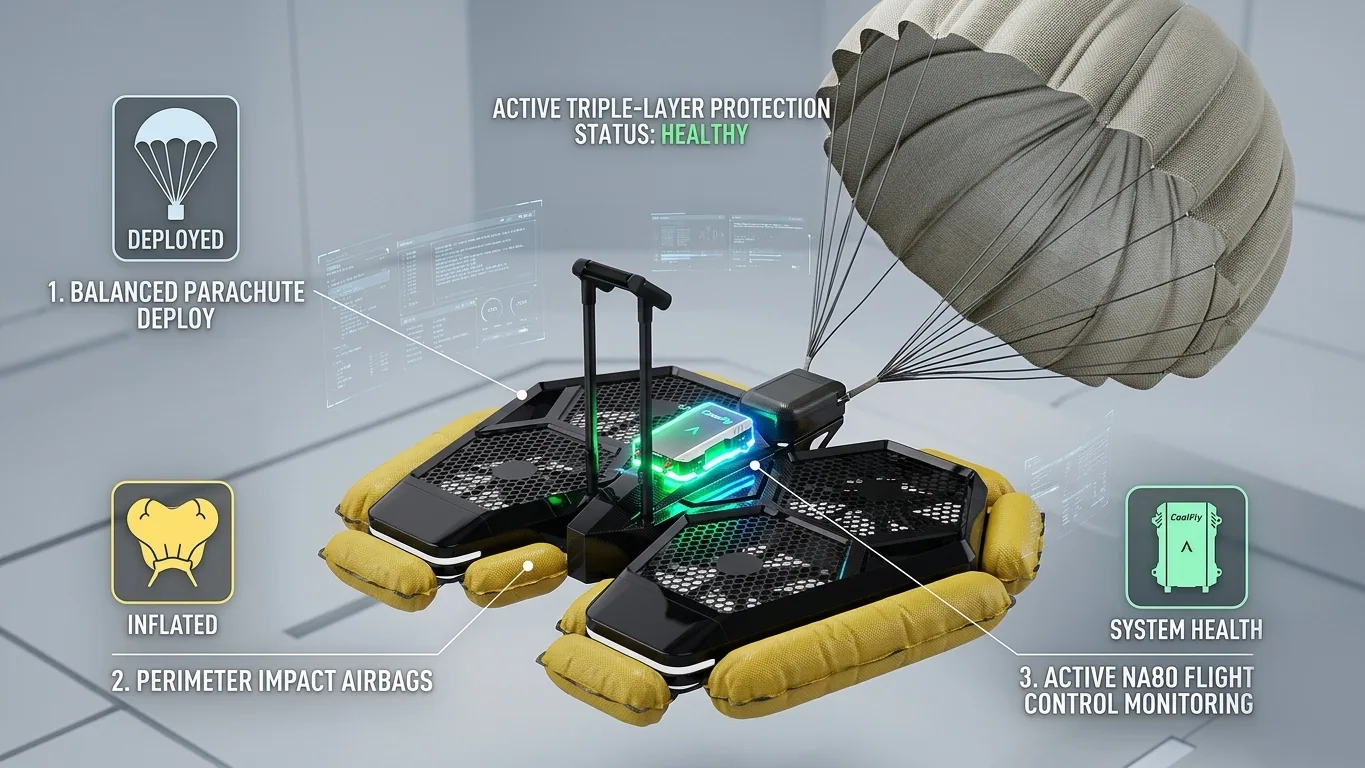 A technical 3D visualization of the "Triple Protection" system. A CoolFly aircraft shown with a deployed parachute, inflated landing airbags, and the NA80 flight controller glowing.