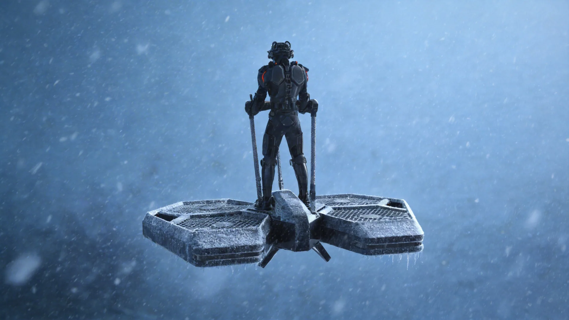 Coolfly standing aircraft flying in a heavy snowstorm in Harbin, ice and frost textures on the metal frame, negative 30 degrees Celsius atmosphere