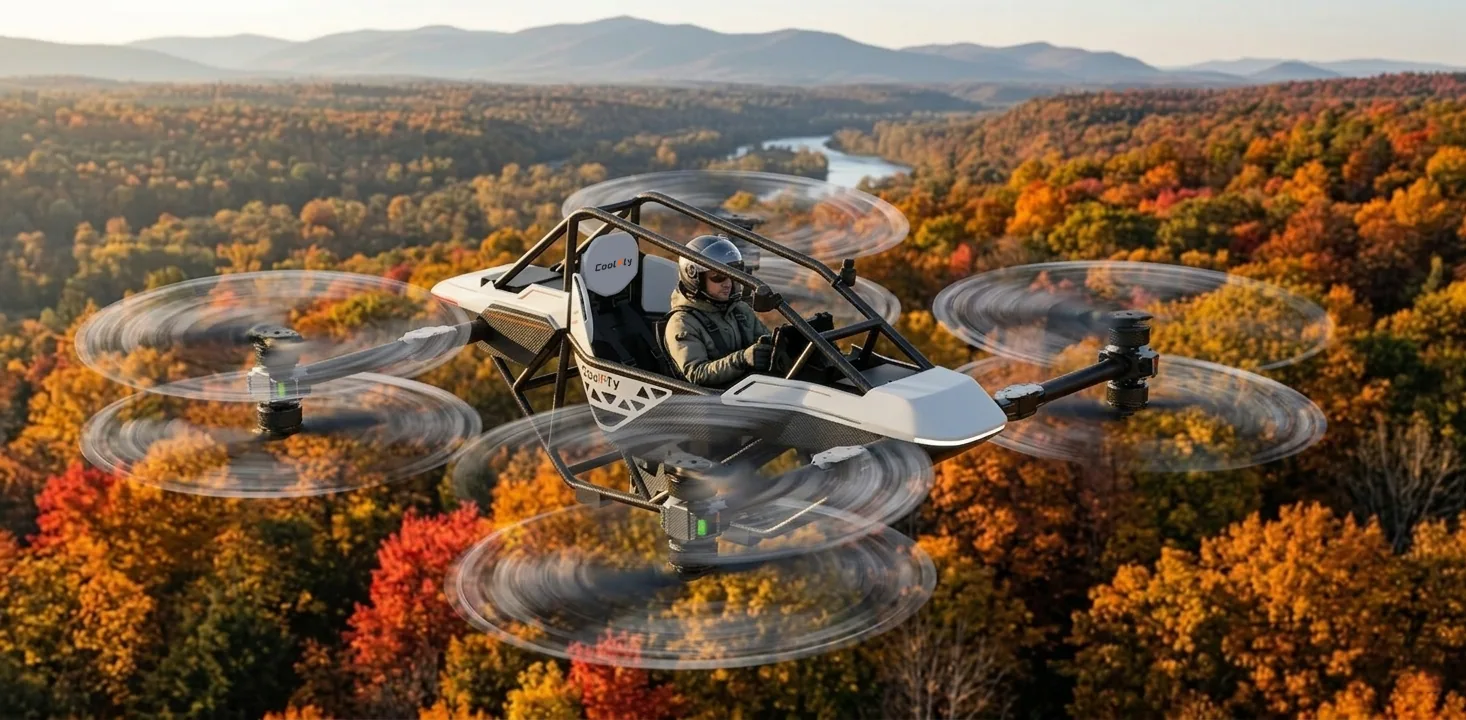 A CoolFly Dream-2 sitting-style aircraft flying over a vibrant autumn forest with red and orange leaves. The electric motors are silent, and the pilot is enjoying the panoramic view from 10 meters up.