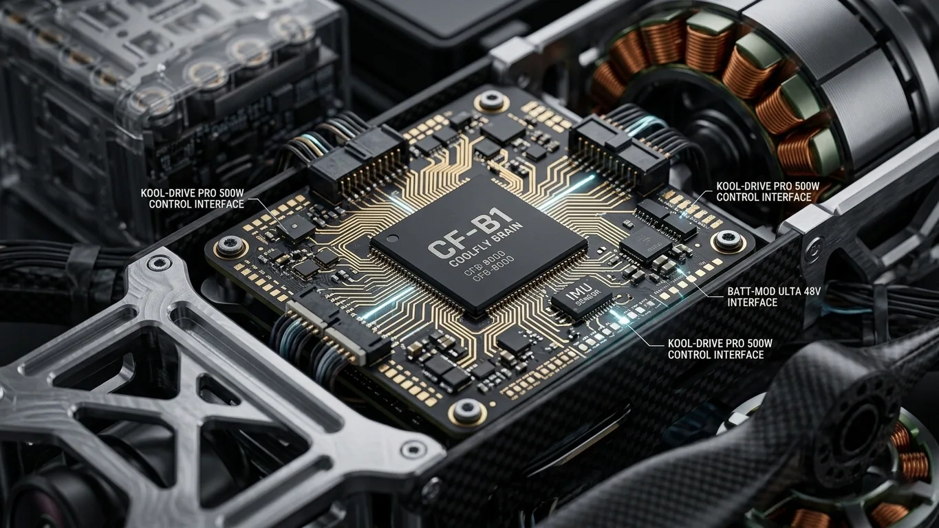 Close-up of a sophisticated flight control circuit board (PCB) with advanced microchips and IMU sensors, representing the "Coolfly brain." 
