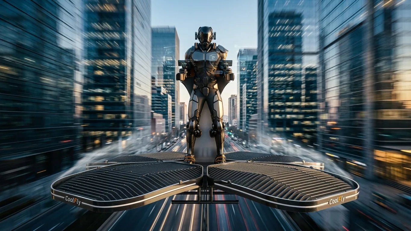 An action tracking shot of the Coolfly eVTOL flying at its top speed of 70km/h through a skyscraper canyon.