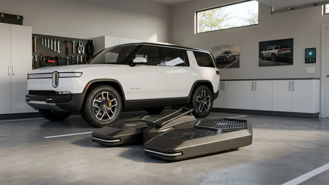 A modern, clean home garage. A CoolFly Urban-2 is folded neatly (2.2m long) and parked in a standard parking space next to a white electric SUV.