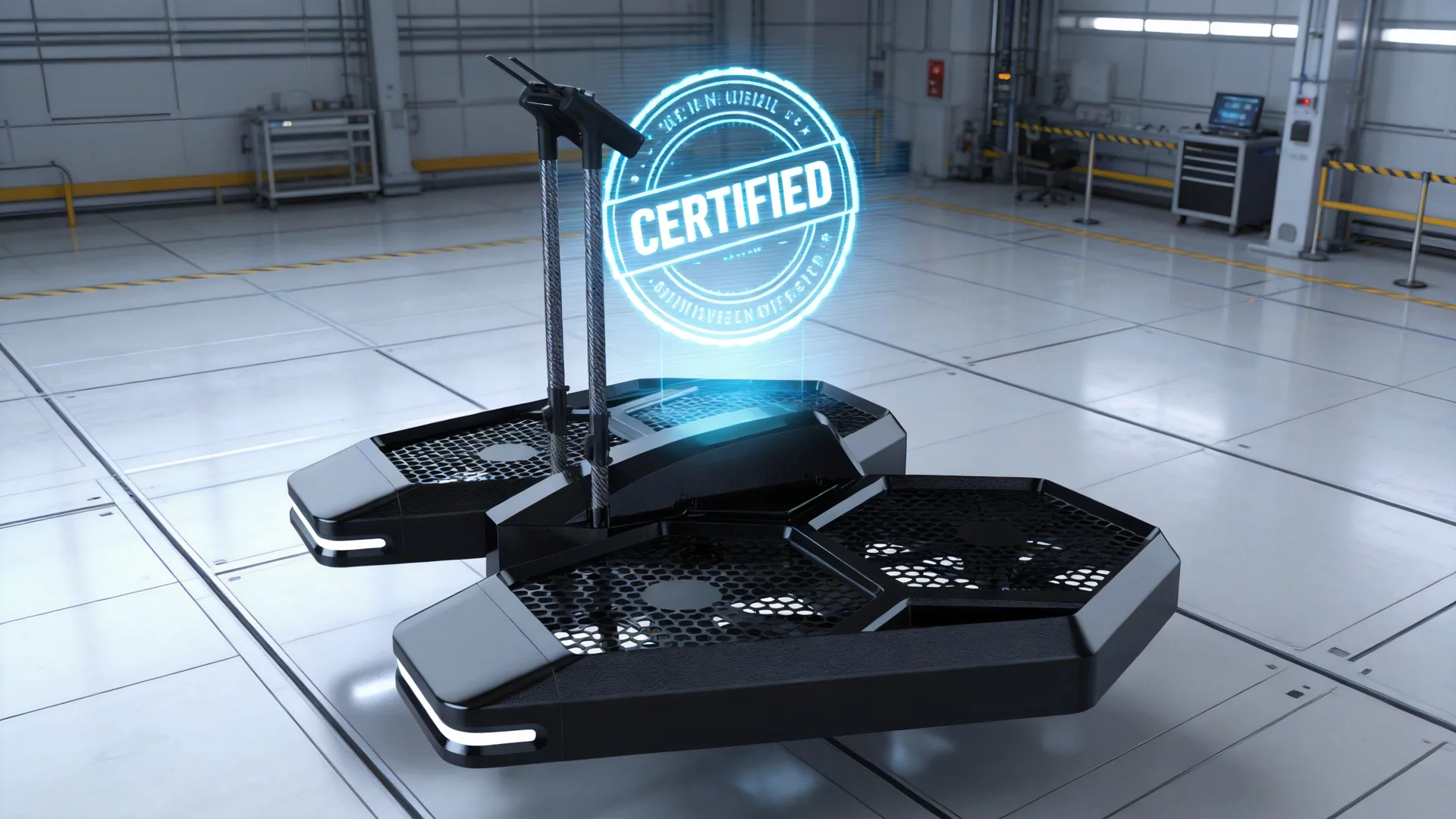 A sleek, minimalist personal coolfly eVTOL without a cockpit resting on a bright, high-tech testing facility floor.