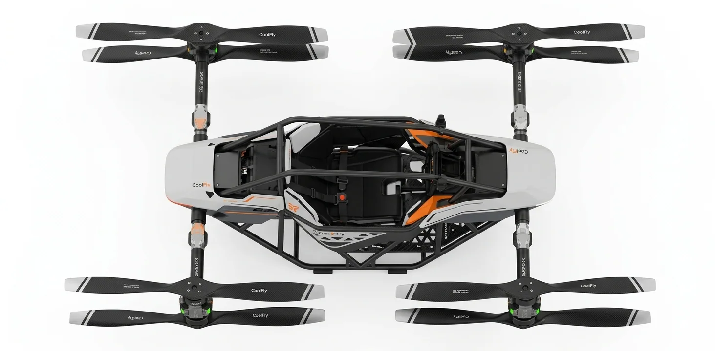 A detailed top-down view of the CoolFly Dream-2 multicopter showing its 8-rotor electric propulsion system.