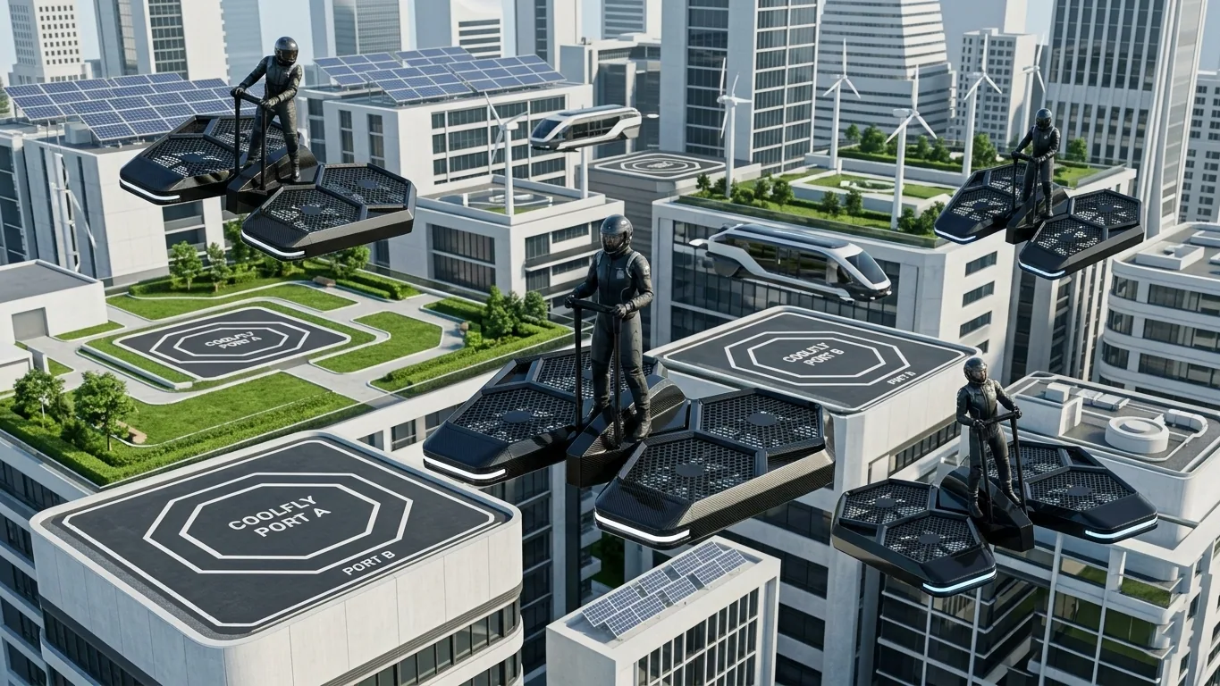 A futuristic city skyline in 2028 with multiple dedicated landing pads on building rooftops and parks. Several CoolFly aircraft are seen traveling between them.