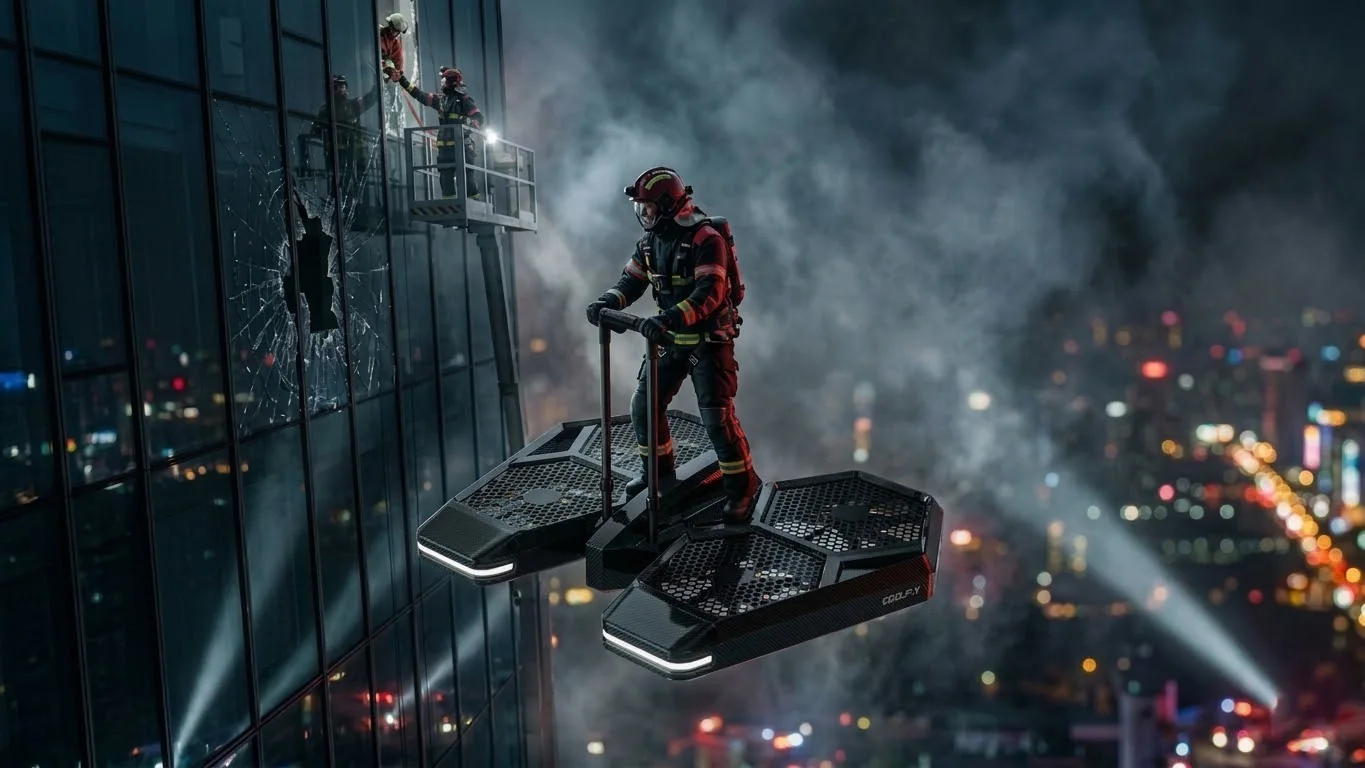 A CoolFly standing aircraft being used by a firefighter near a glass skyscraper.