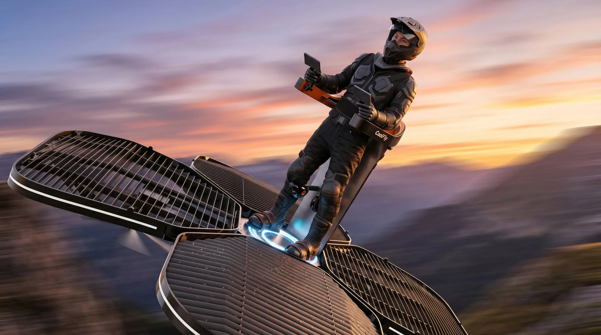the pilot's body balance on the Coolfly platform. The pilot is leaning slightly to the side to orbit a landmark, and the aircraft tilts in perfect synchronization.