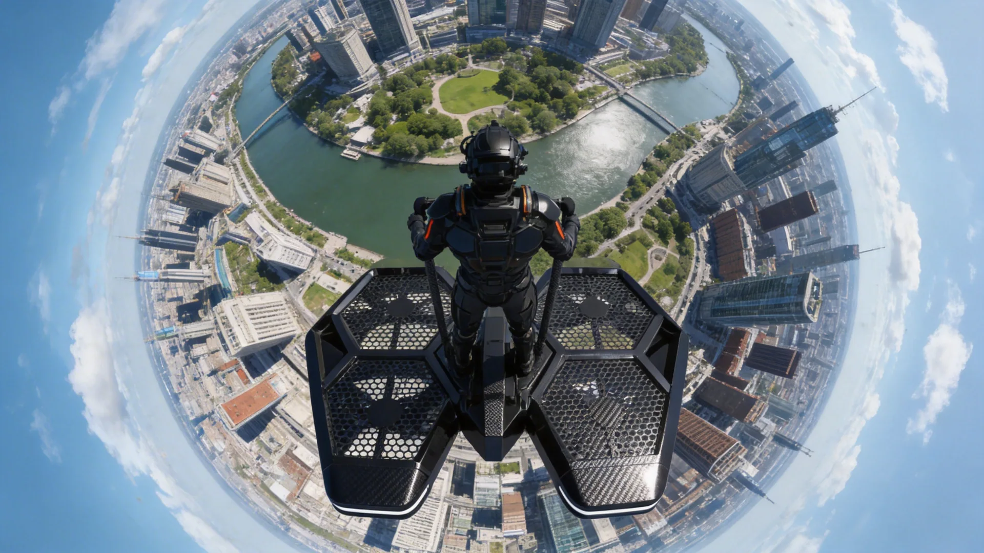 POV shot from a standing pilot on a coolfly evtol, 360-degree unobstructed view of a futuristic city with rivers and parks