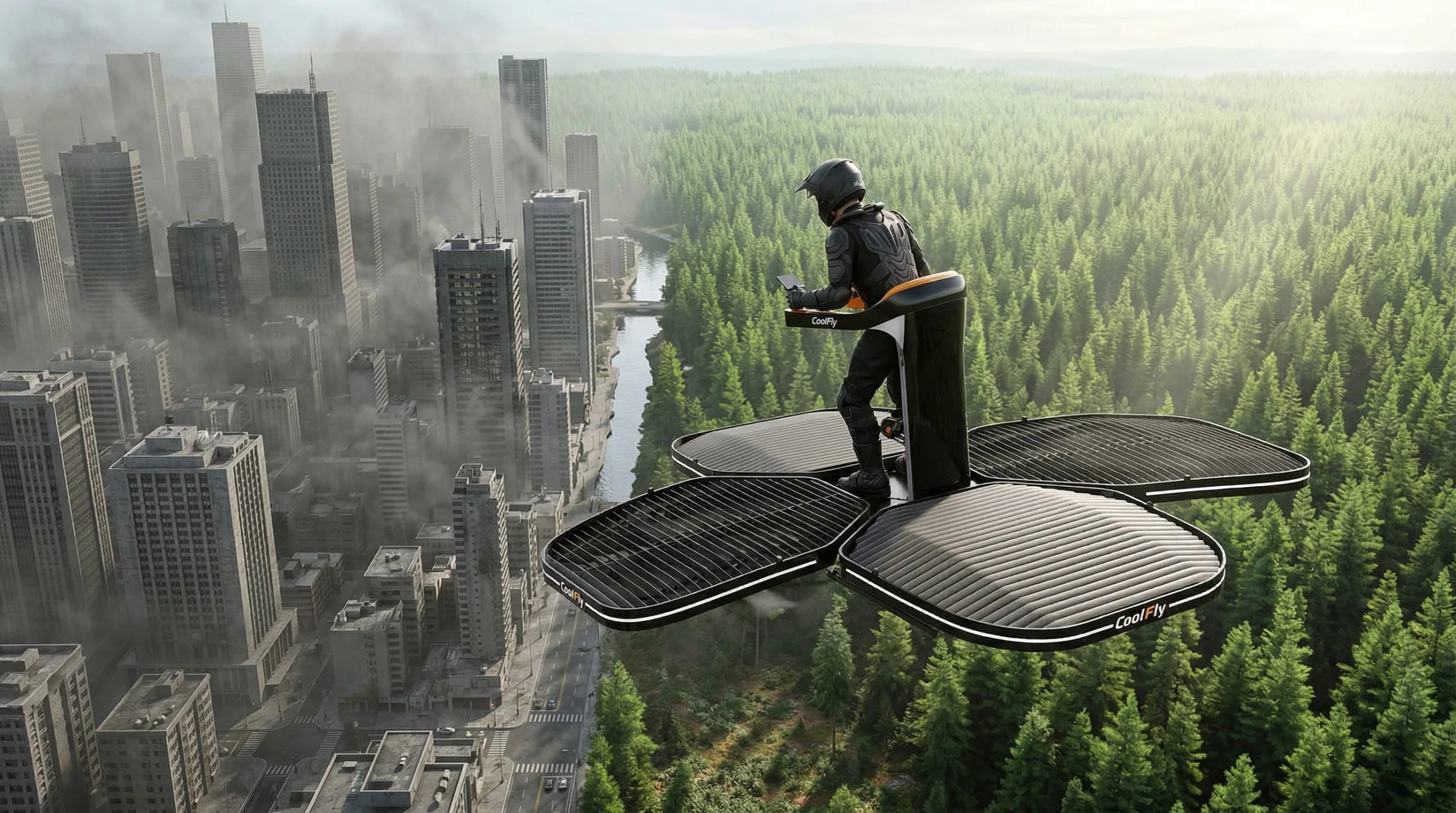 a black Coolfly standing eVTOL crossing the boundary from a grey, smoggy urban cityscape into a lush, vibrant emerald green pine forest.