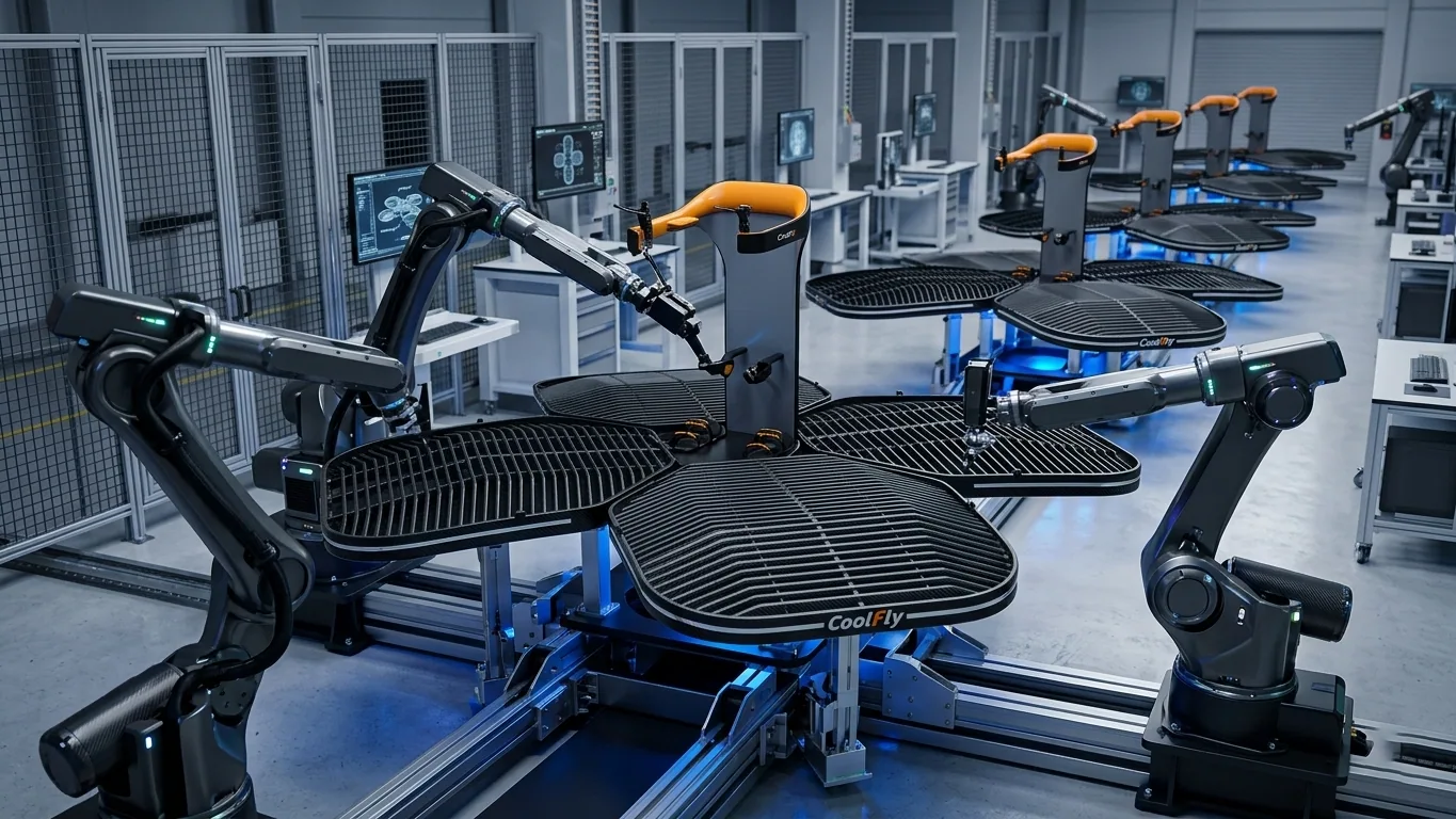 Cinematic shot of a high-tech industrial assembly line for Coolfly standing eVTOL aircraft. Robotic arms are precision-assembling sleek, black carbon-fiber airframes in a clean, modern factory.