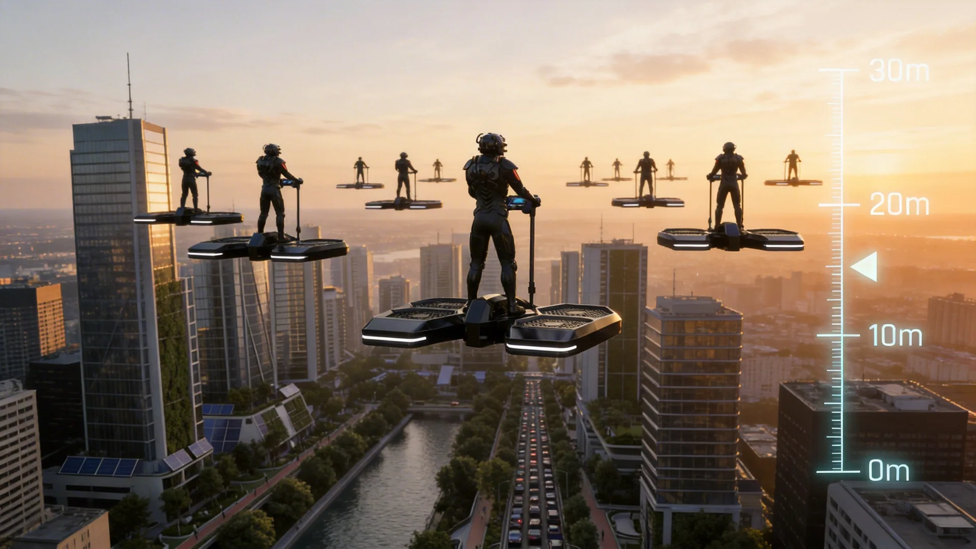 Multiple Coolfly standing aircraft flying in formation across a modern city sky at dawn