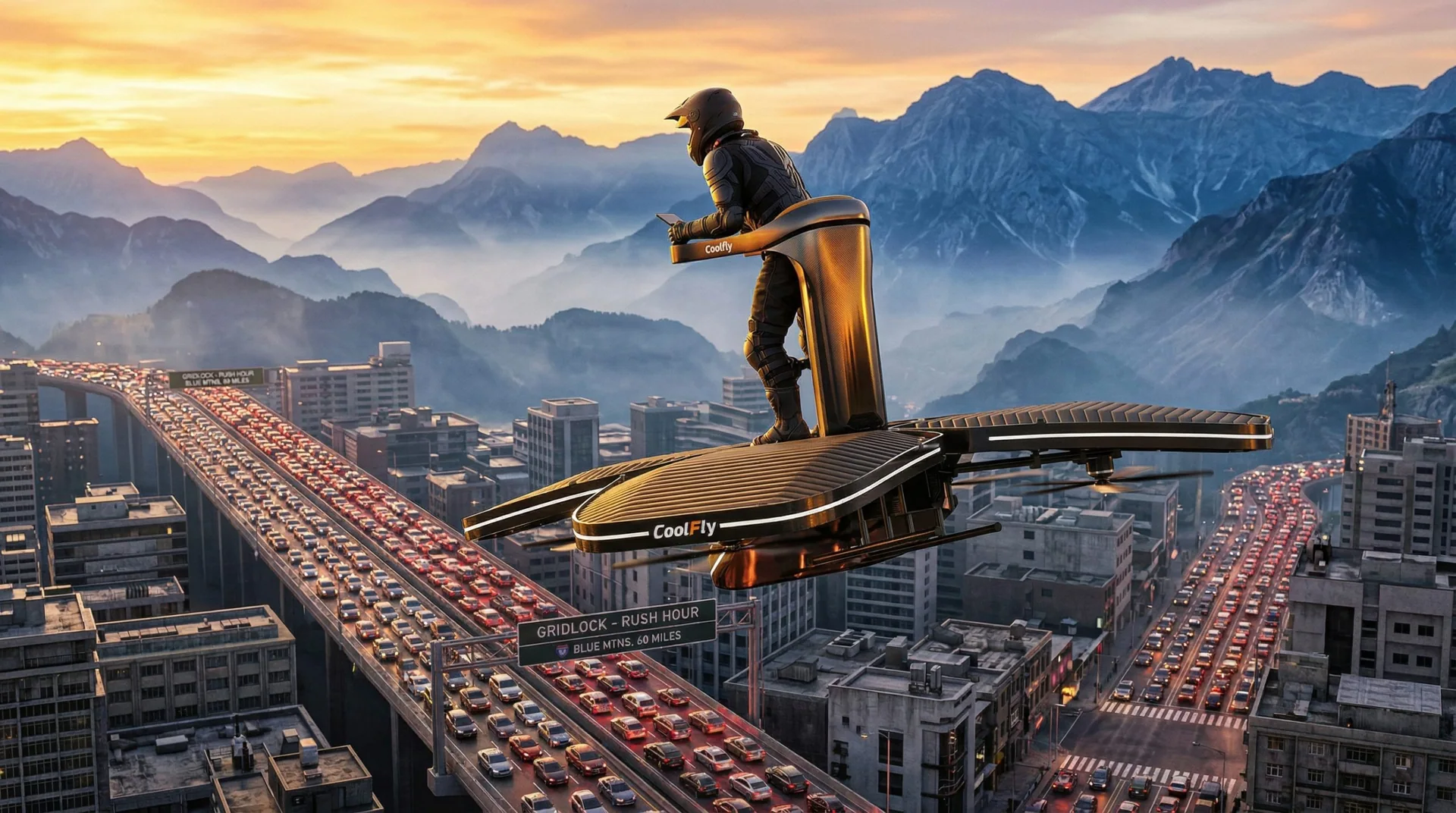 Below is a dense urban gridlock with thousands of red taillights during a Friday rush hour. Above the chaos, a Coolfly eVTOL is soaring away toward a distant blue mountain range. The golden sunset light reflects off the aircraft's black fuselage.