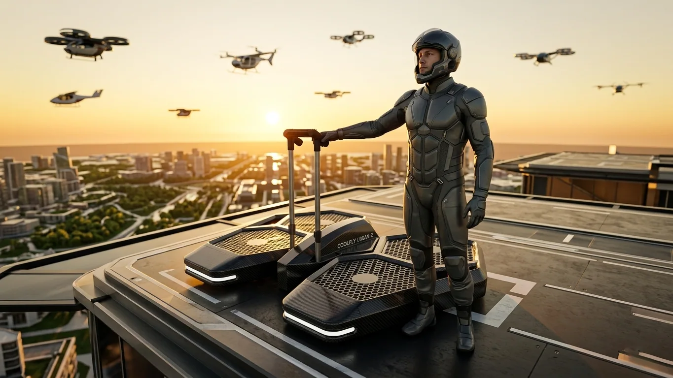 Hero shot of a pilot standing next to a CoolFly Urban-2 on a rooftop landing pad at sunset.
