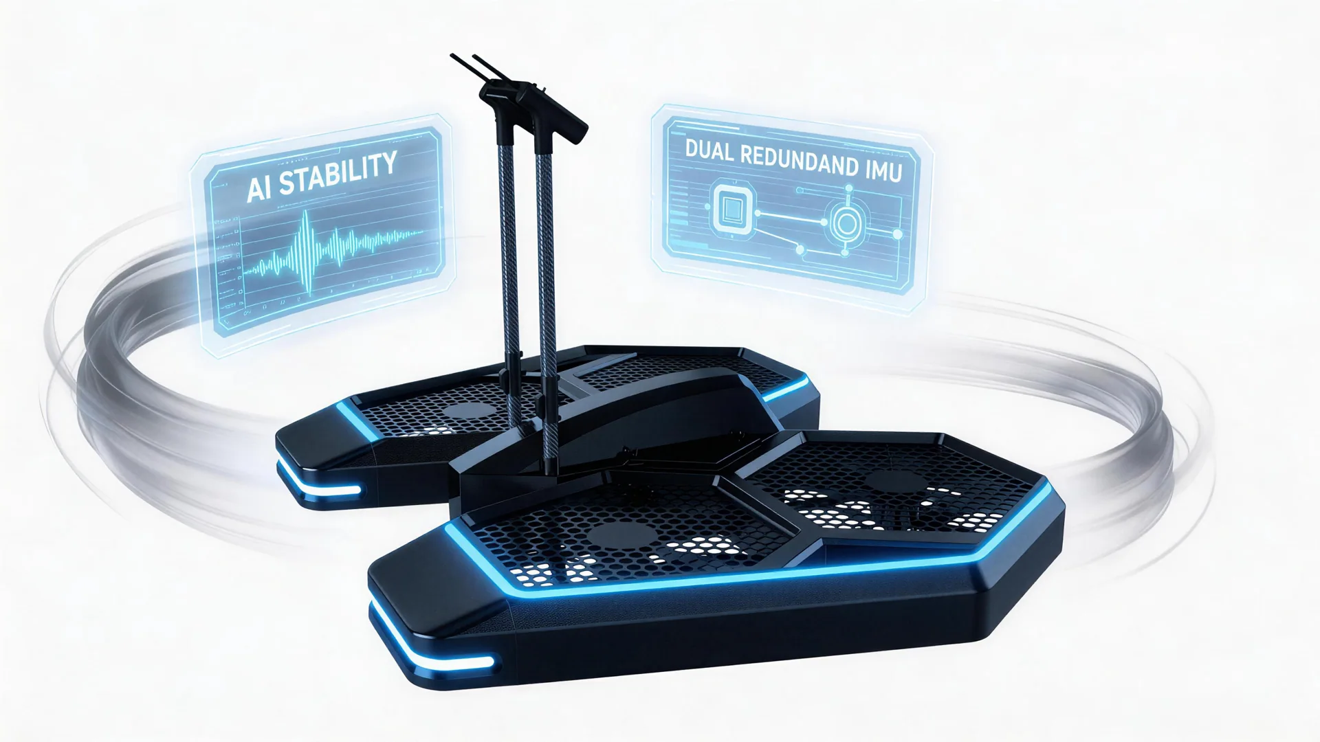 An evtol aircraft flying through a gust of wind, glowing blue digital sensor lines around the base, showing AI stability and dual-redundant IMU system