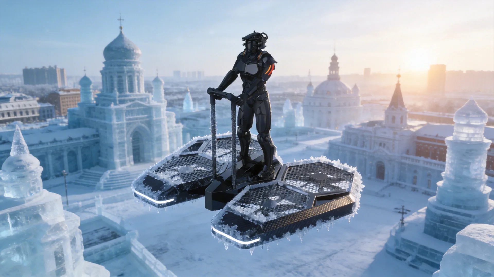 Coolfly standing evtol aircraft flying in a freezing snow-covered city (Harbin)