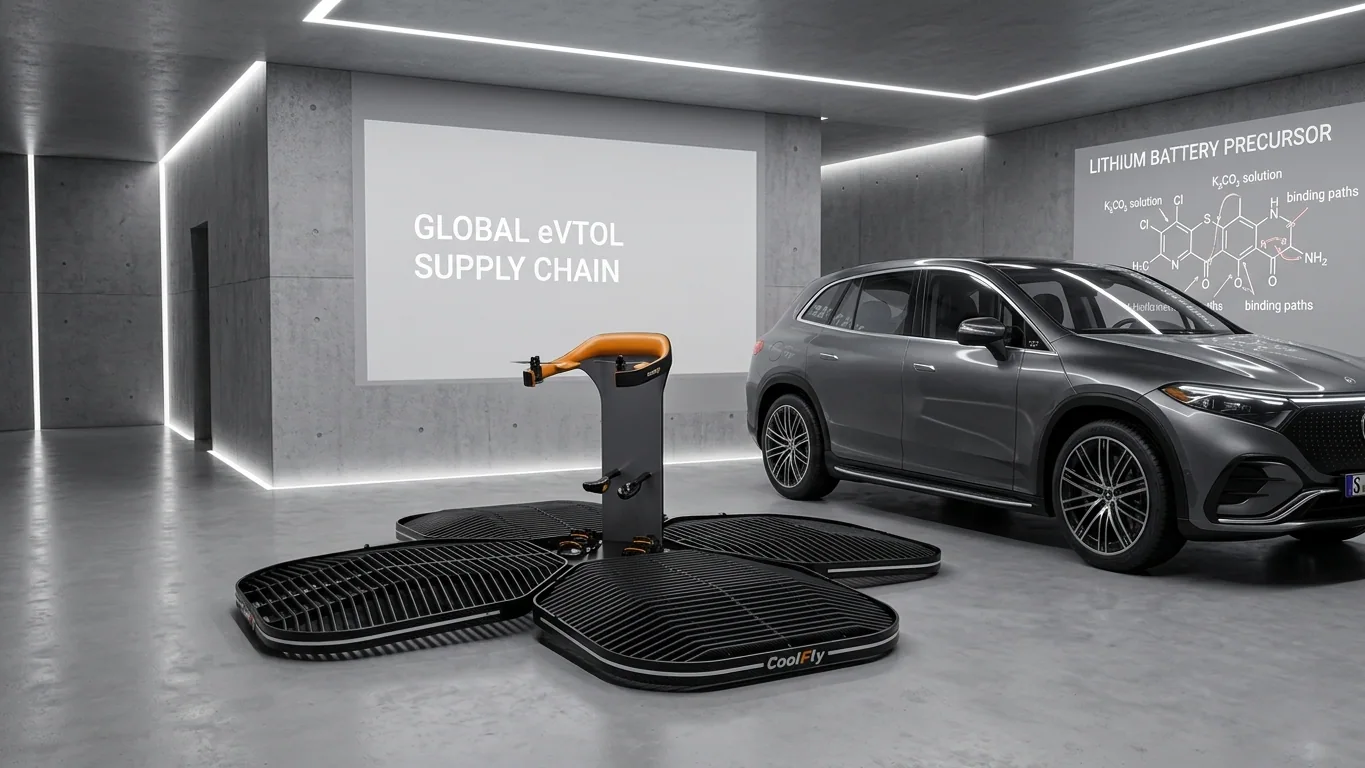A Coolfly standing eVTOL is parked neatly next to a luxury electric SUV. The aircraft takes up very little space.
