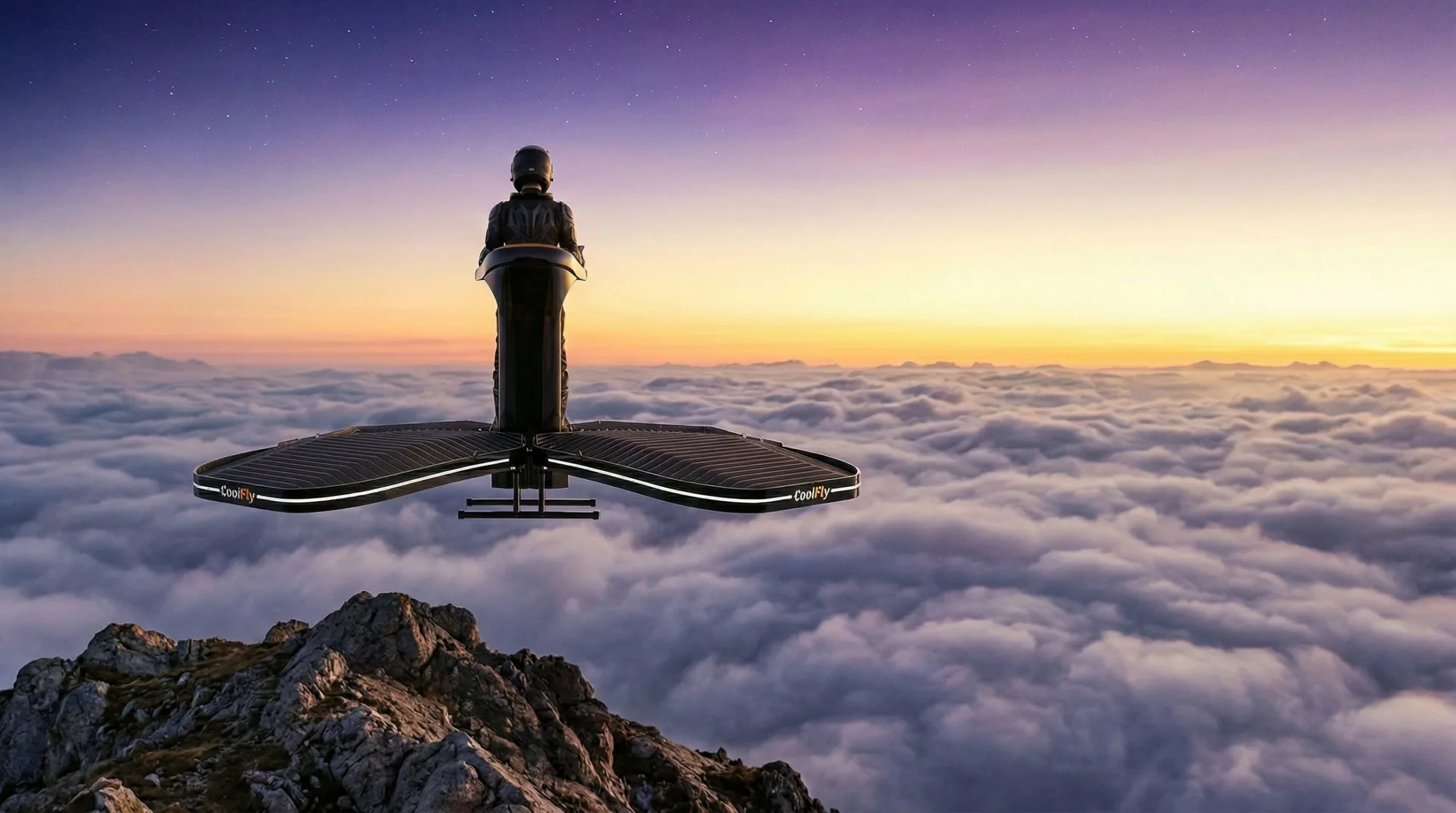 the pilot standing on a Coolfly eVTOL at the peak of a mountain. The aircraft is hovering over a sea of clouds at dawn.
