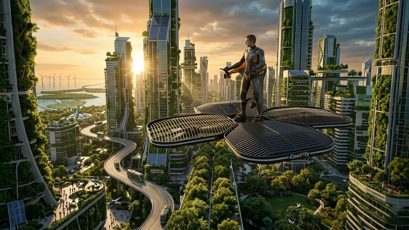 A Coolfly standing eVTOL flies gracefully between eco-friendly skyscrapers at sunset.