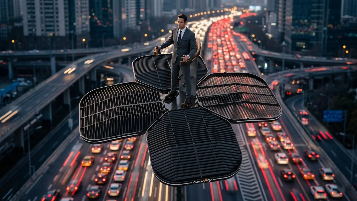 a congested city highway filled with red brake lights. High above the gridlock, a sleek black Coolfly standing eVTOL glides effortlessly. The pilot is a business professional in a tailored suit.