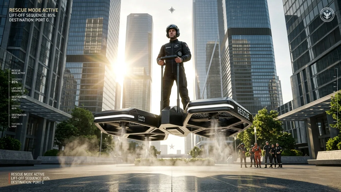 Cinematic wide shot of a CoolFly Urban rescue eVTOL rising vertically from a futuristic city plaza.
