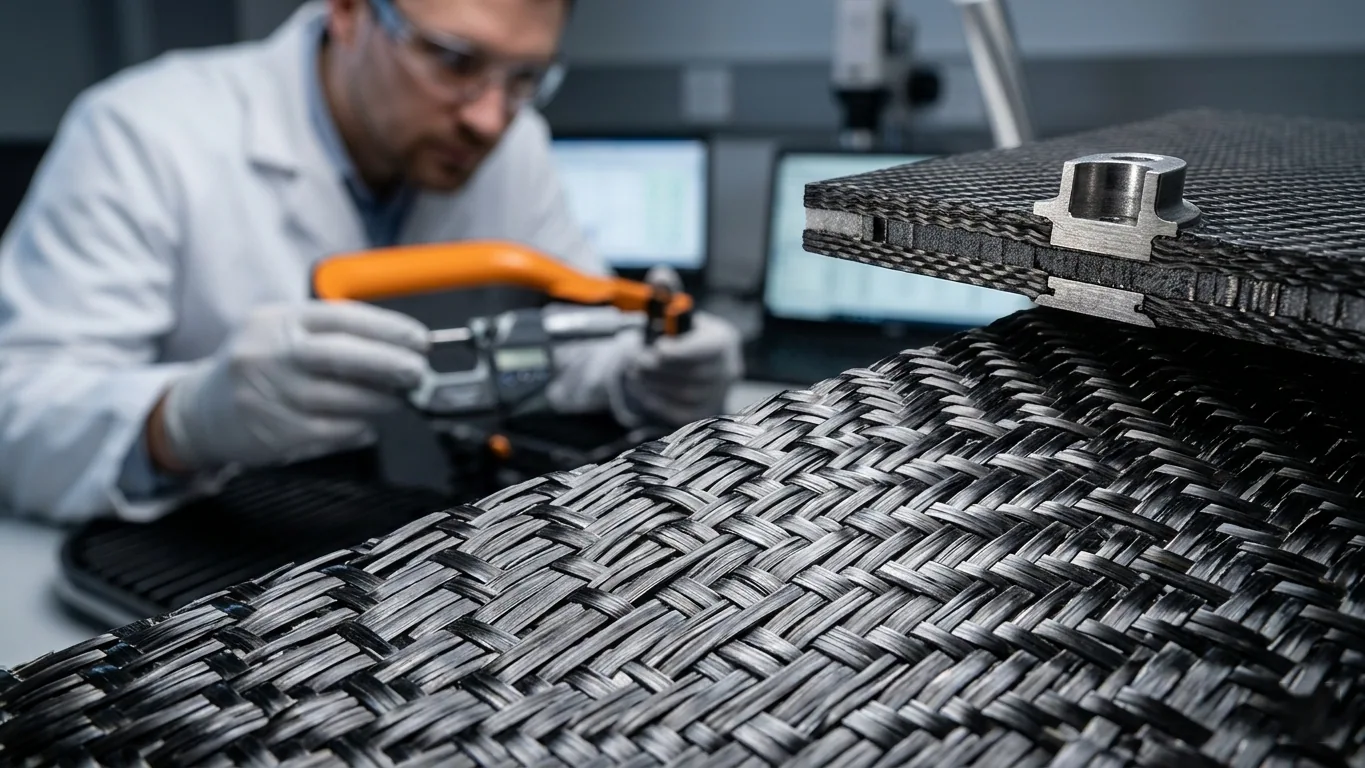premium T800 carbon fiber weave texture, showing intricate interlaced patterns. In the blurred background, a structural engineer inspects a high-strength eVTOL fuselage section in a laboratory.