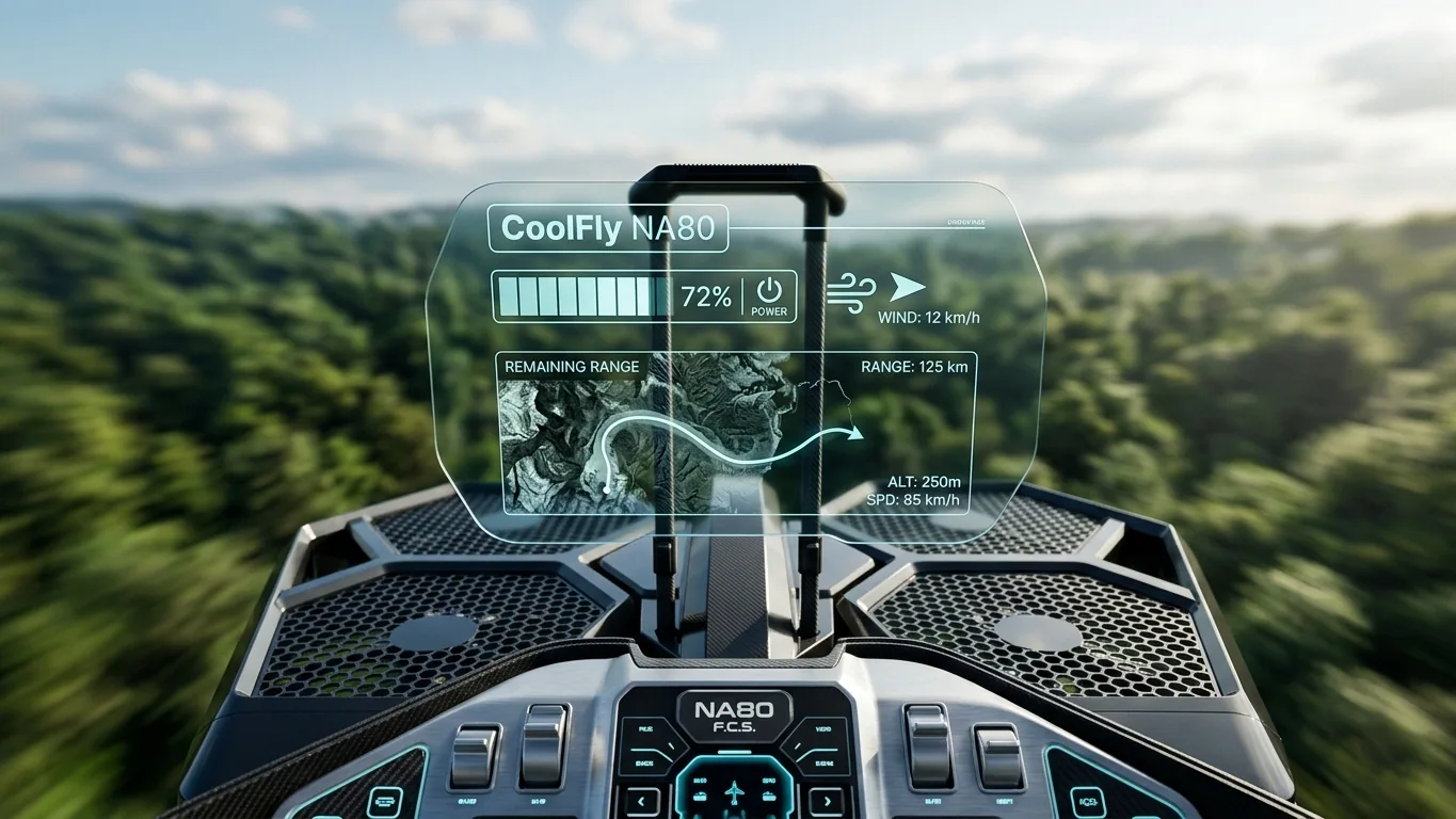  First-person pilot view (POV) of the CoolFly NA80 flight controller dashboard.