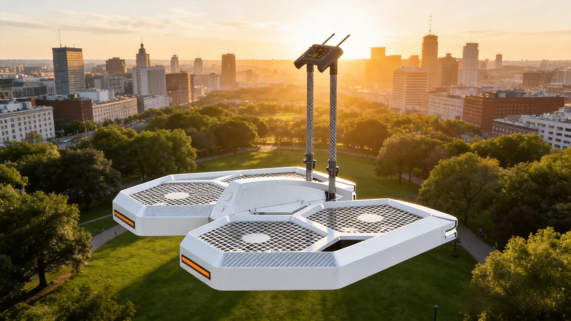 A sleek white Coolfly standing eVTOL aircraft hovering perfectly still 5 meters above a green urban park