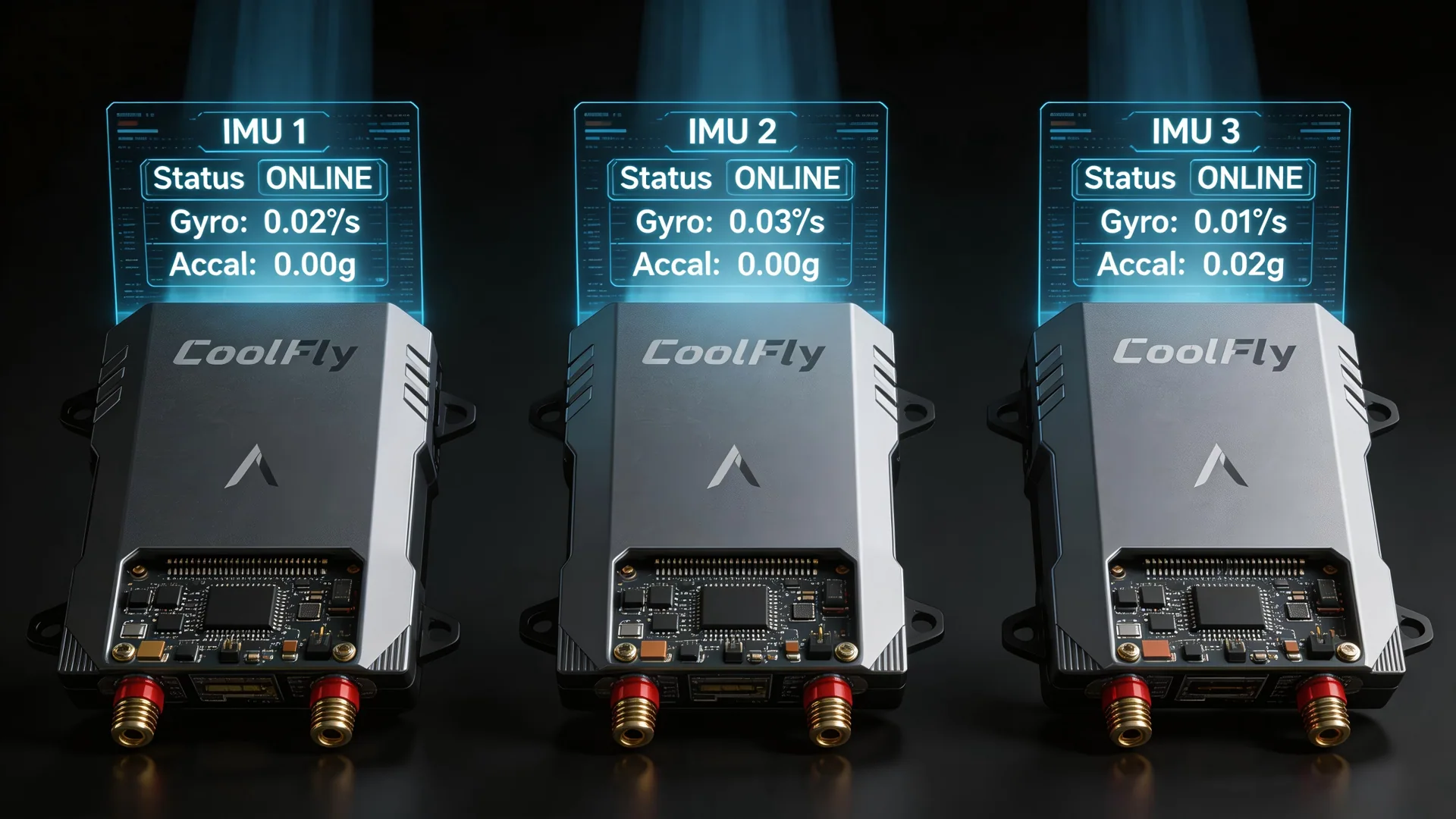 Three identical, highly detailed glowing microchips (triple-redundant IMU) are lined up side-by-side. 