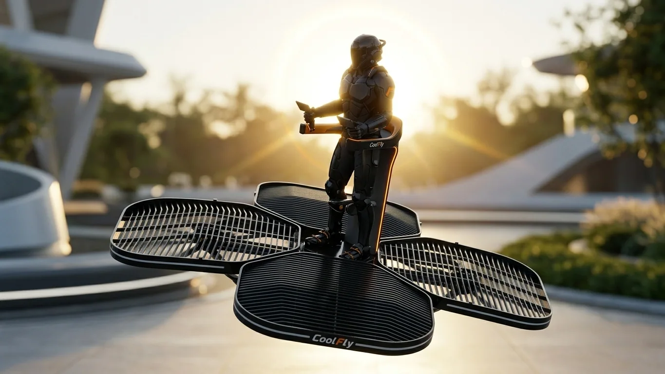 Side profile of a pilot gracefully leaning forward on the Coolfly eVTOL, the aircraft tilting in perfect harmony with the body movement. The pilot looks calm and in control, not overwhelmed by buttons.