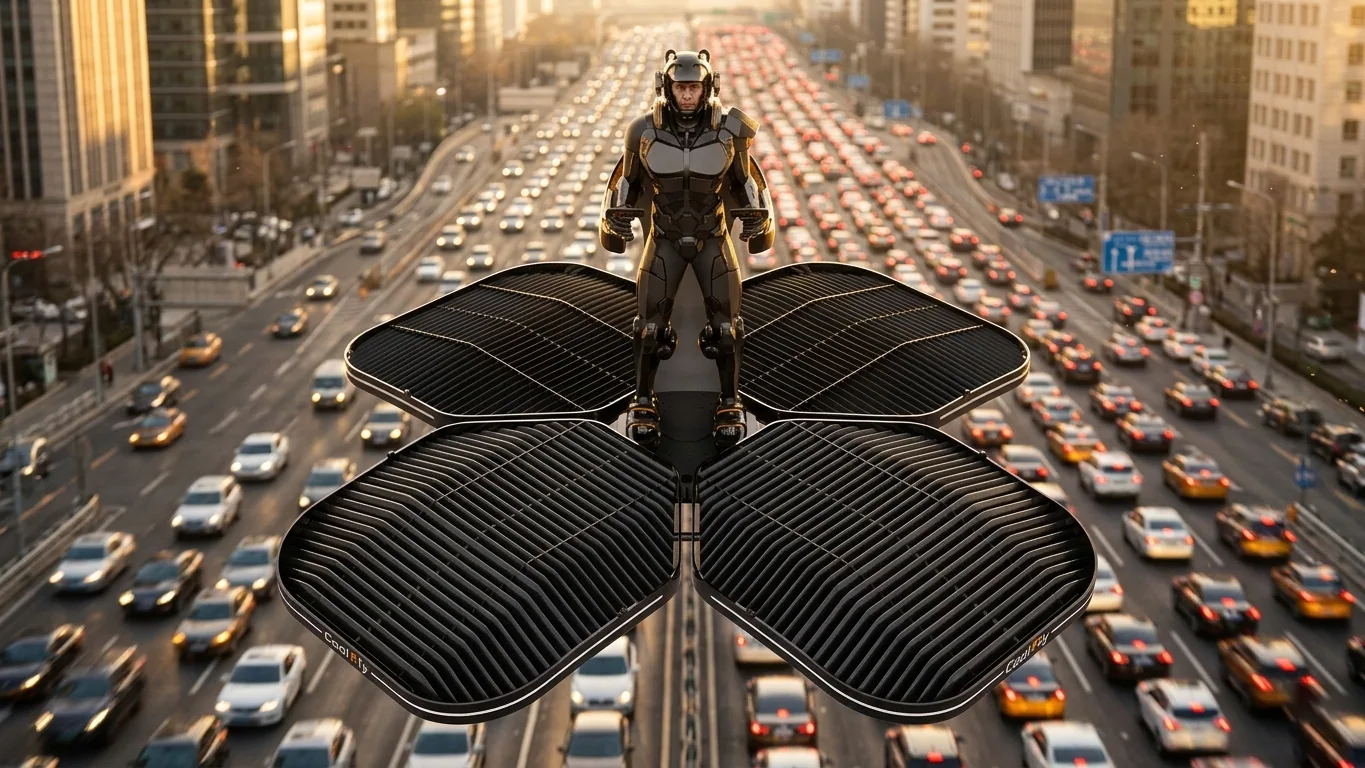 a professional pilot on a black Coolfly standing eVTOL, gliding 50 meters above a massive morning traffic jam on a city highway.