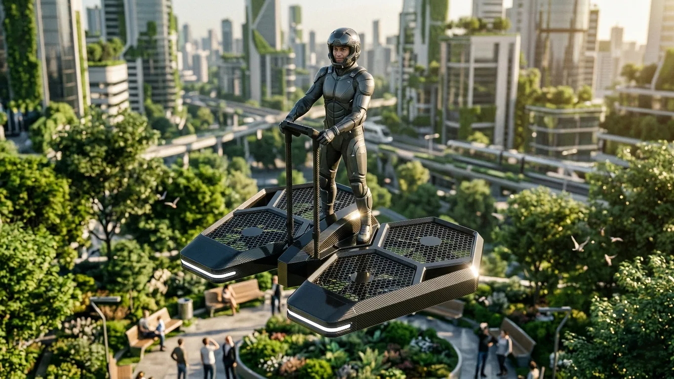 a CoolFly Urban-2 standing eVTOL aircraft flying 10 meters above a futuristic green city park
