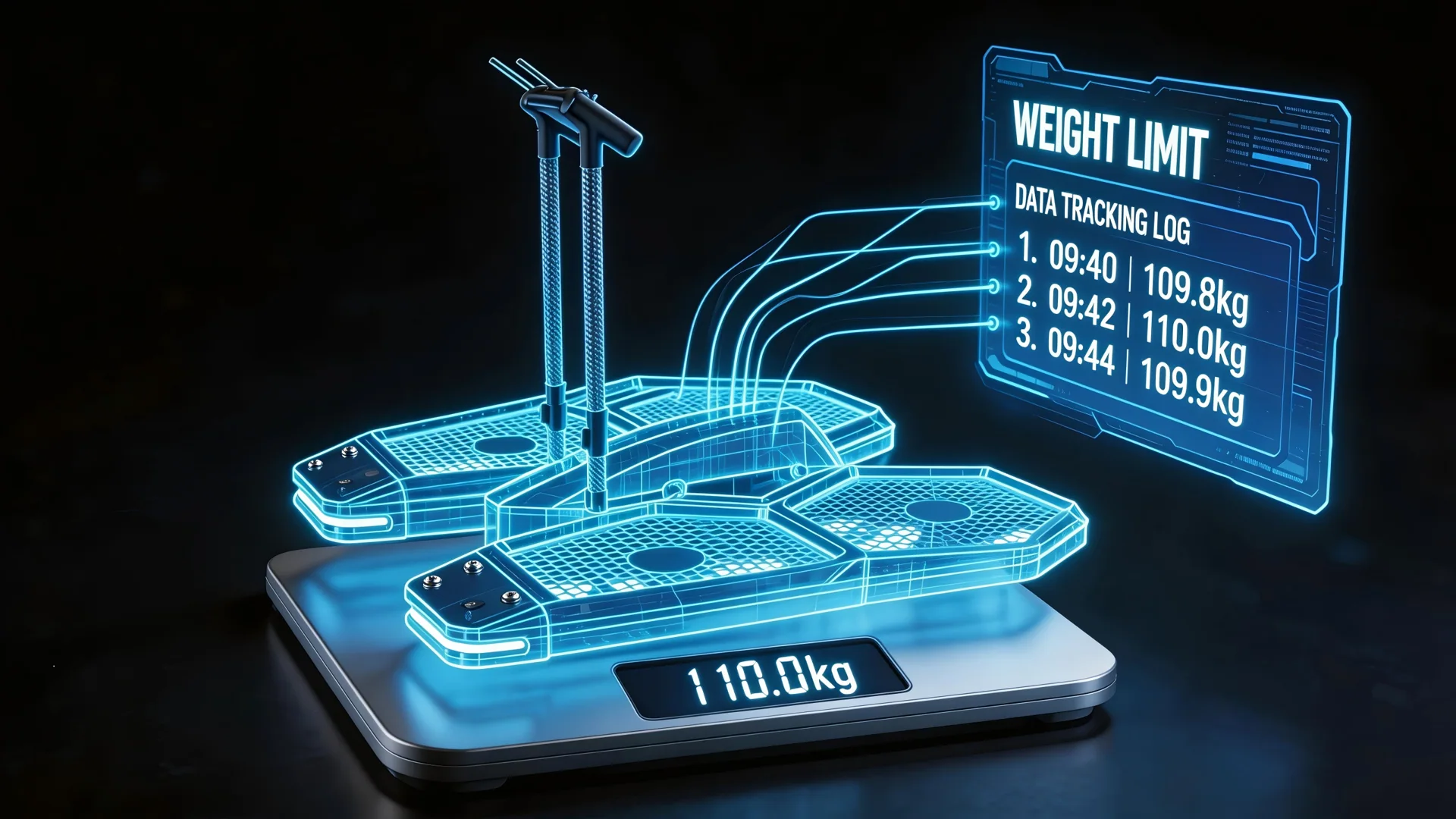 A glowing blue 3D wireframe blueprint of an eVTOL aircraft placed on a futuristic digital weight scale.