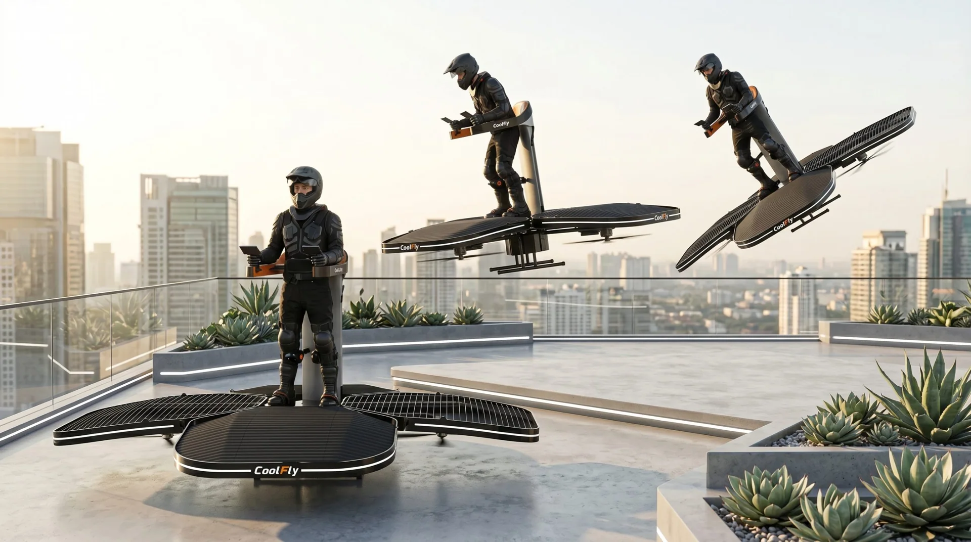 A sleek, black Coolfly electric vtol aircraft performing a vertical takeoff from a minimalist, high-tech rooftop garden overlooking a modern city center. 