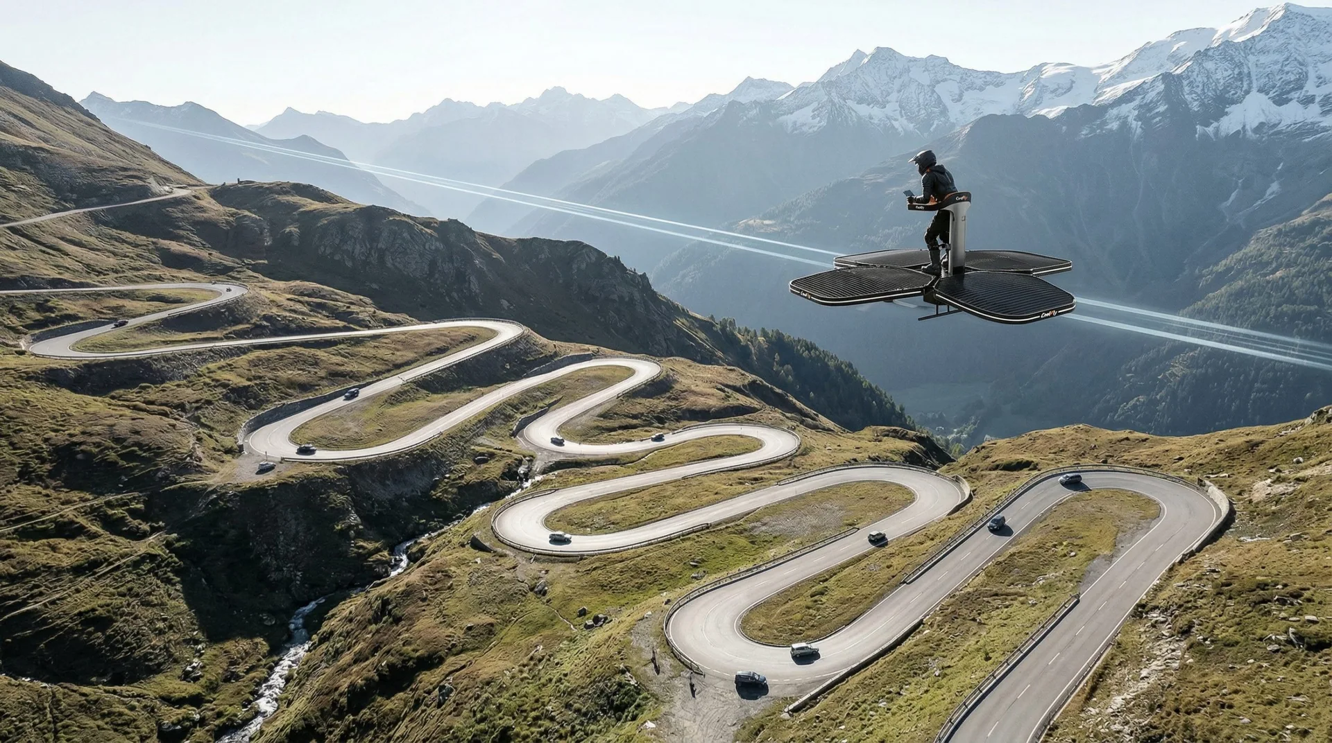 Below, a long, winding, zig-zagging mountain road with a few slow-moving cars. Above, a black Coolfly eVTOL is flying in a perfectly straight vector toward a distant snowy peak.