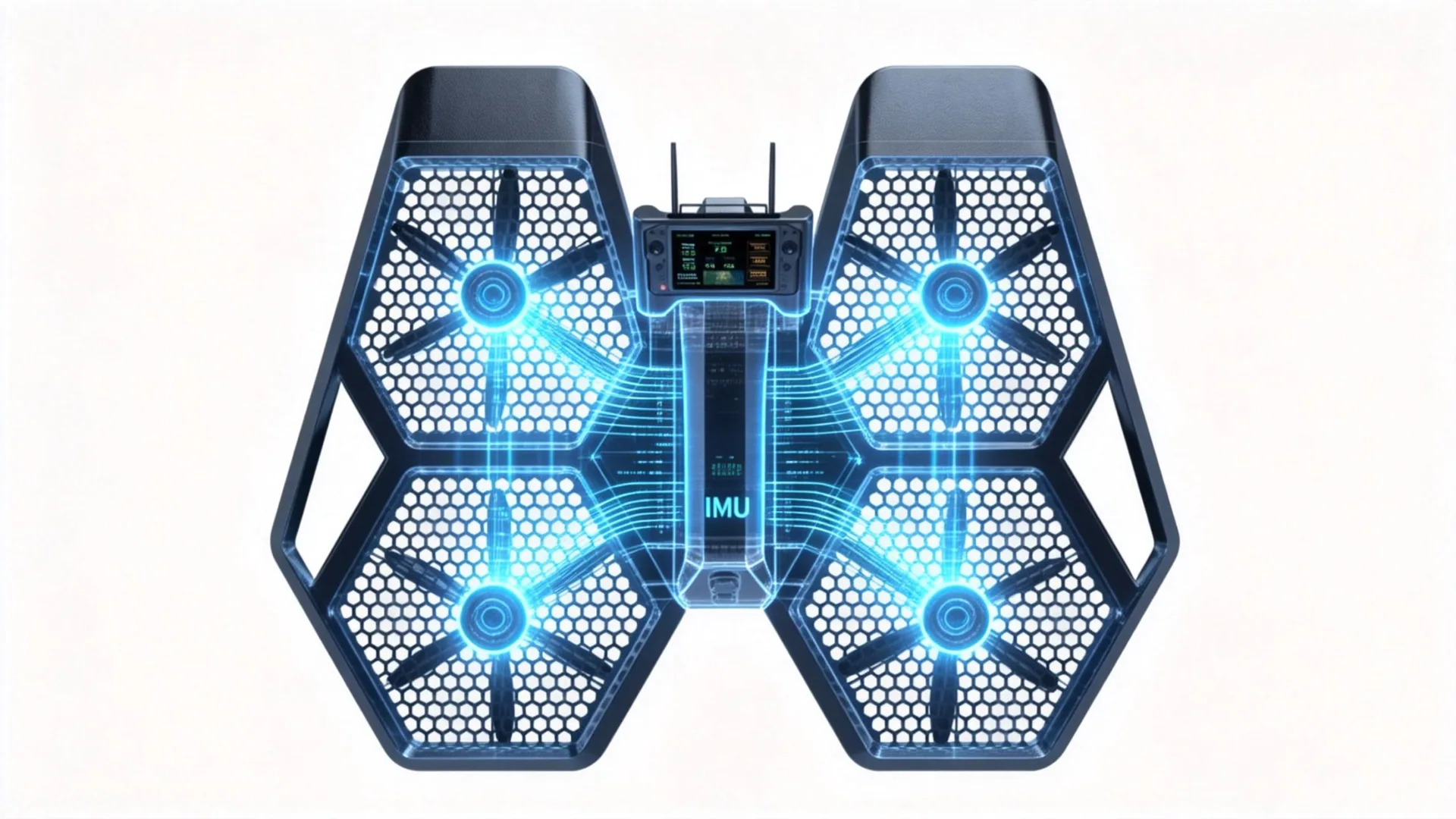 X-ray transparent view of a flying board's deck, showing two glowing blue microchips (IMU sensors) working together