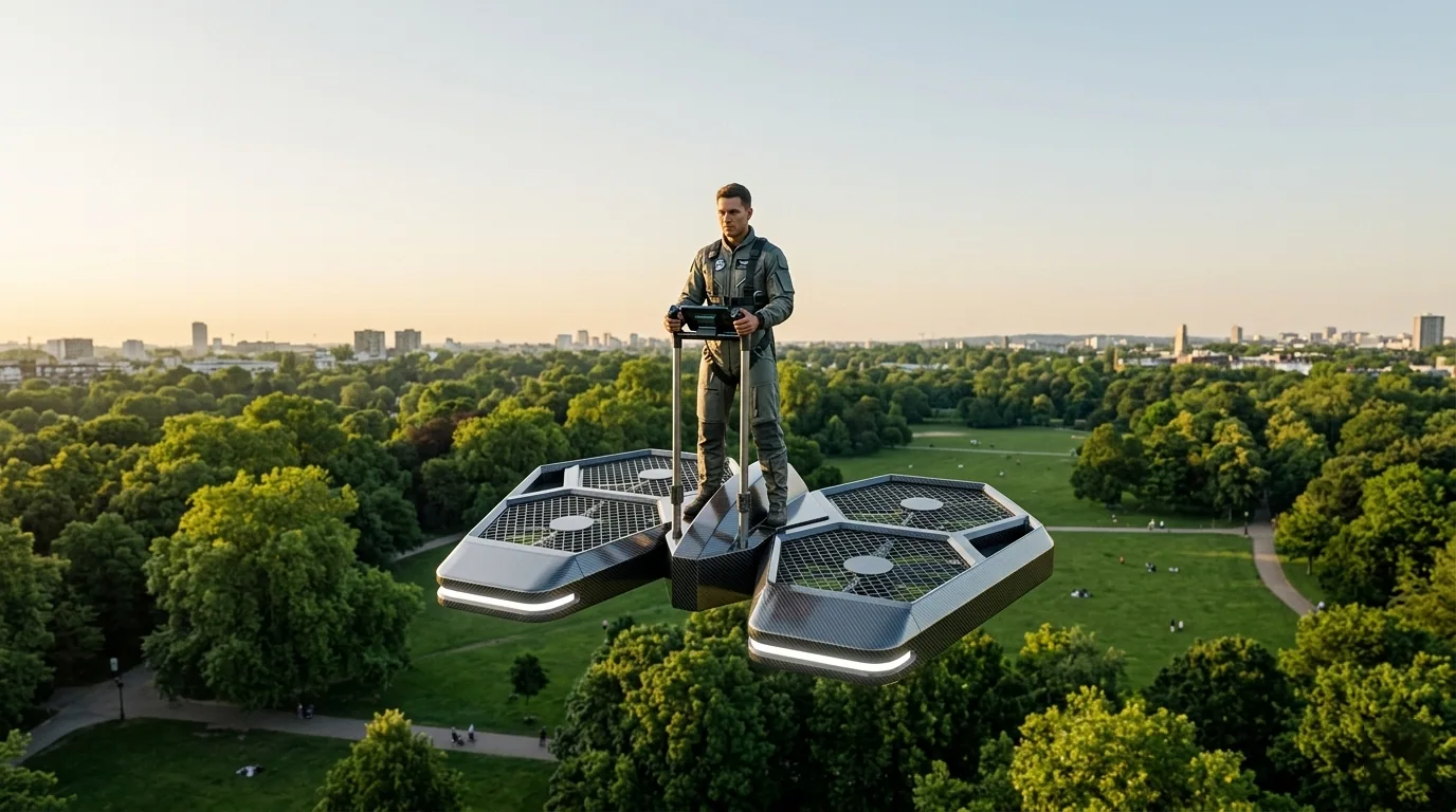 Cinematic wide shot of a CoolFly Urban-2 gliding peacefully at 10 meters height over a lush green city park.