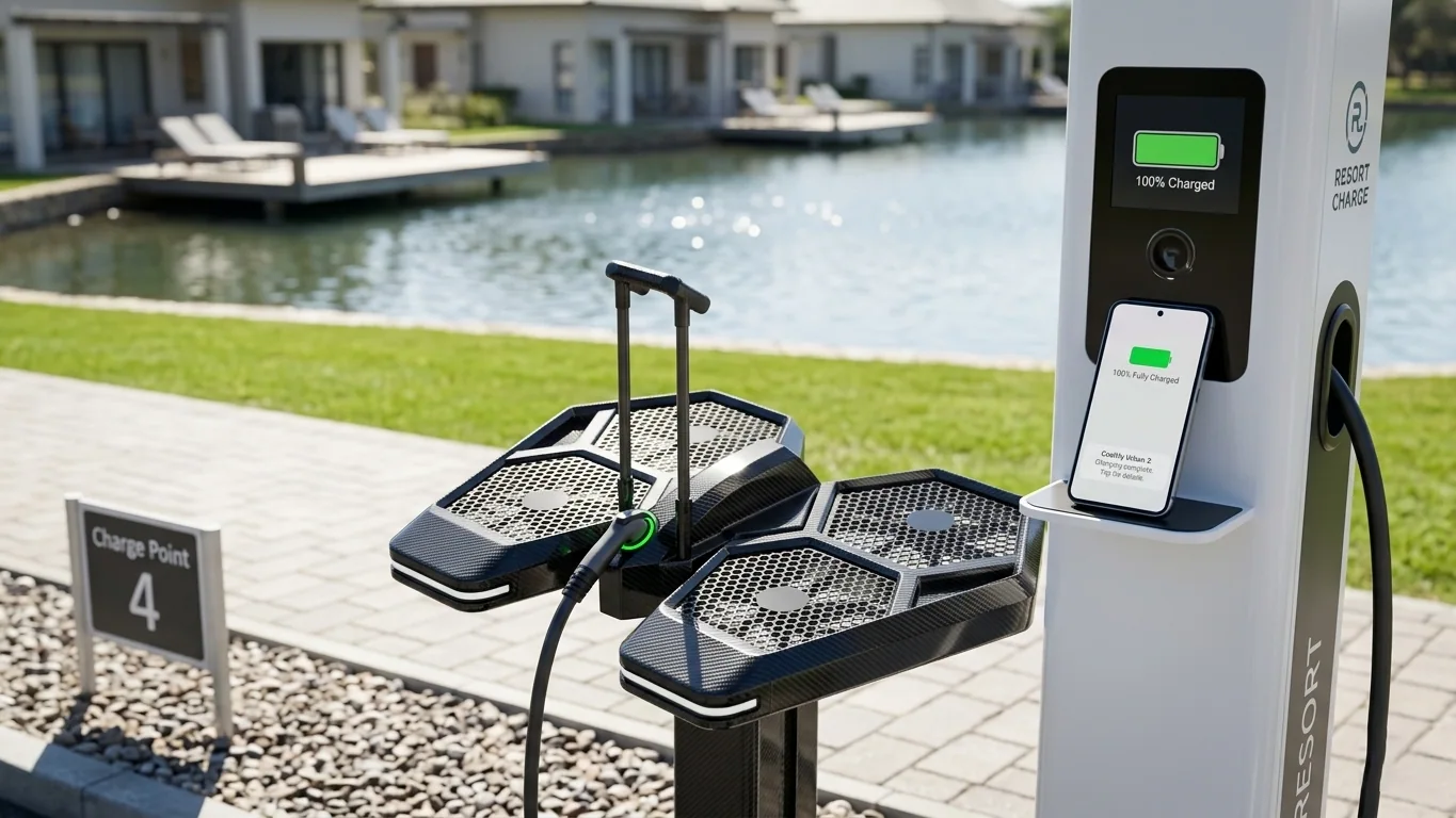 A CoolFly aircraft plugged into a standard white EV charging station at a sunny lakeside resort. The charging cable is connected to a port on the side of the carbon fiber body. A smartphone nearby shows a "100% Charged" notification.