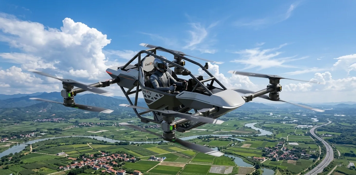 The CoolFly Dream-2 sitting-style eVTOL aircraft cruising at 450 meters altitude over a scenic countryside landscape.