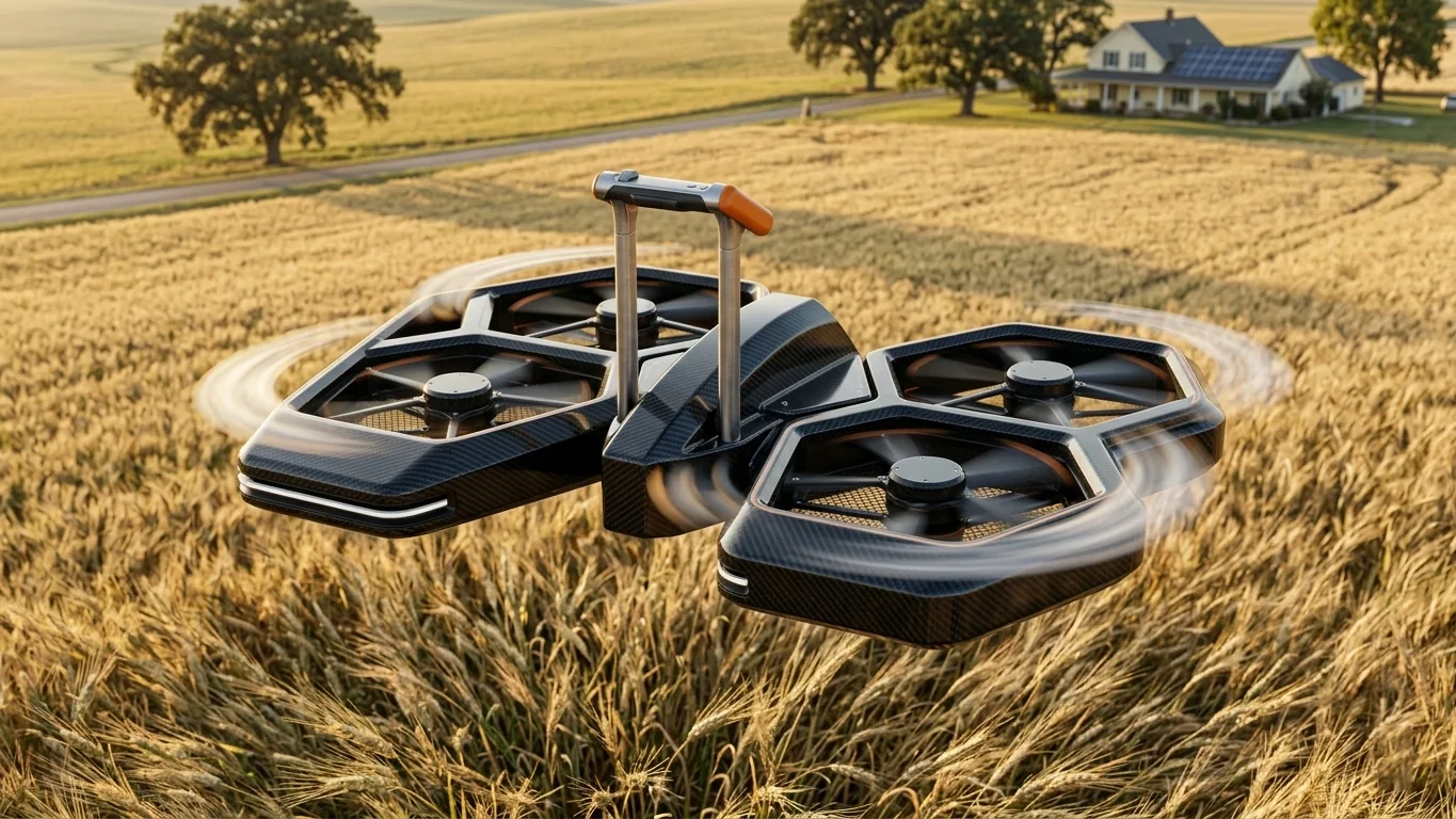 Side view of a coolfly personal eVTOL flying at low altitude over an open field