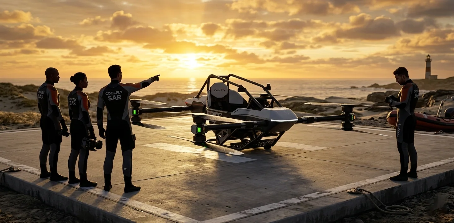 a search and rescue team standing on a coastal landing pad at dawn. A CoolFly Dream is ready for take-off behind them.