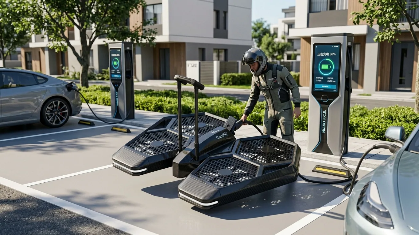 A CoolFly Urban-2 parked at a modern electric vehicle (EV) charging station. The pilot is plugging a standard charging cable into the aircraft's port.