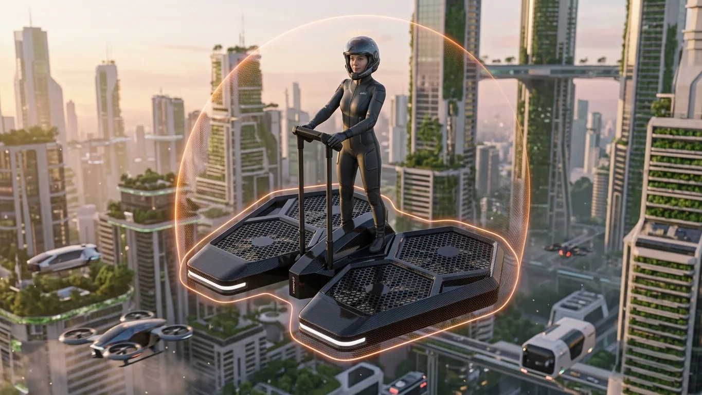 Cinematic medium shot of a CoolFly Urban-2 standing eVTOL in mid-air.