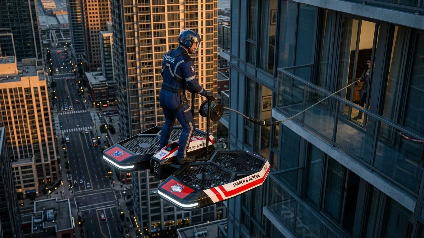 A CoolFly standing eVTOL used by a rescuer in a high-rise urban environment. The aircraft is hovering near a balcony of a tall glass skyscraper.